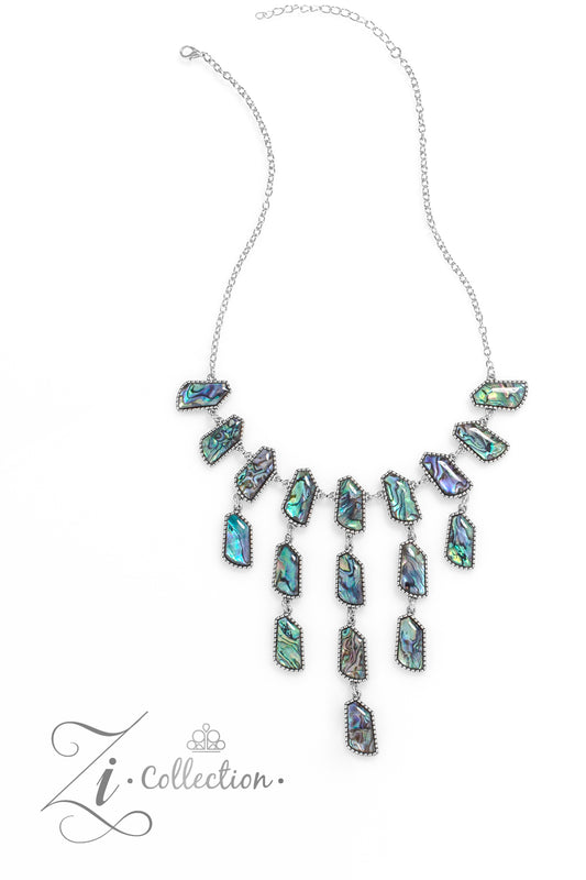 Paparazzi Accessories Reverie - Multi Abalone shells swirled in dreamy, reflective hues of blue, purple, and green are cut into abstract geometric shapes and set into studded silver frames. Silver chain links connect a row of shells that bows along the ne