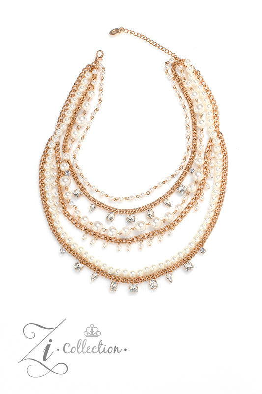 Paparazzi Accessories Aristocratic - Gold A mismatched collection of gold chains is layered with strands of pearly white beads to create luminous layers with charismatic chaos. Faceted white gems in an assortment of shapes are sporadically sprinkled along