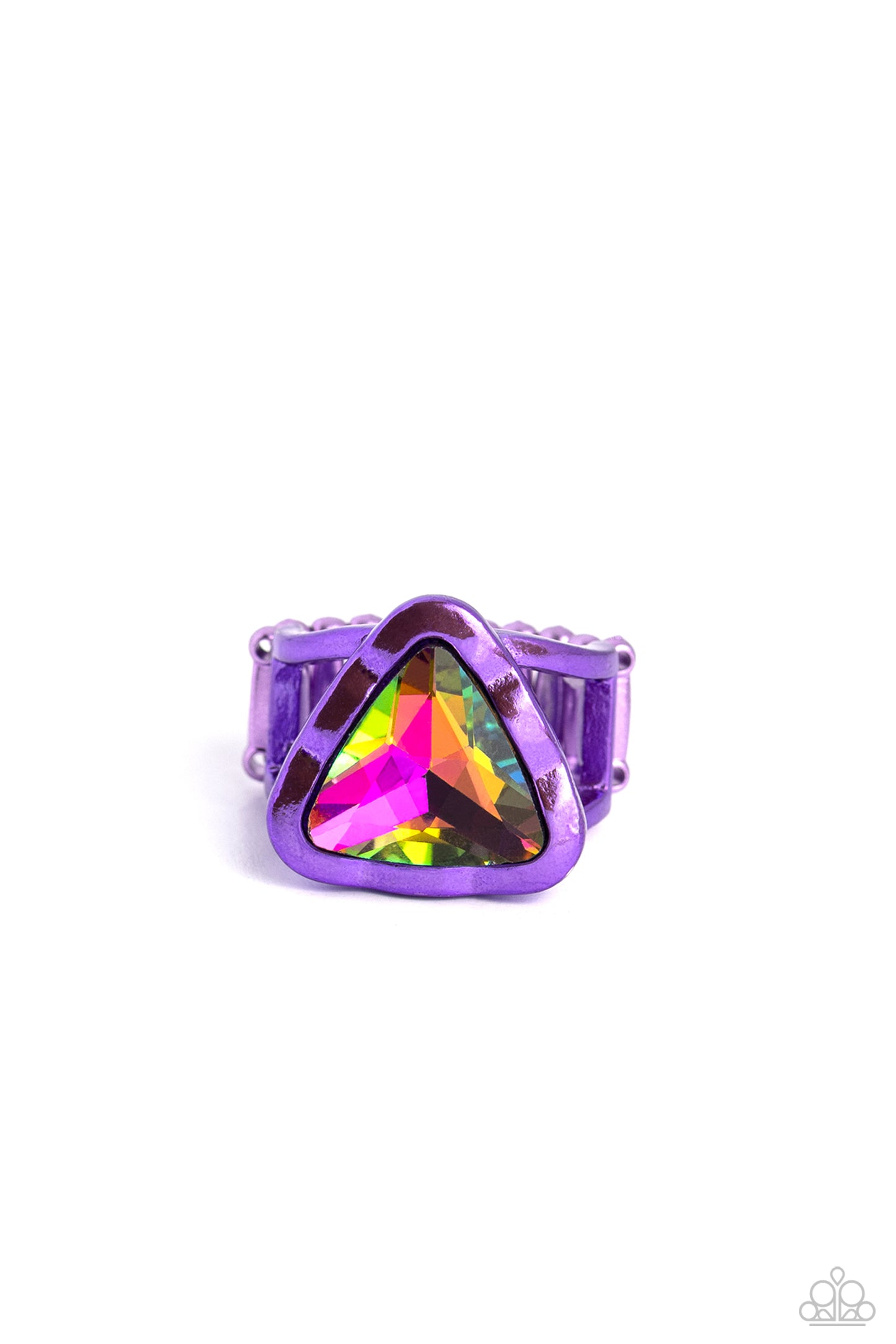 Paparazzi Accessories Triangle Tyrant - Purple Featuring a UV shimmer, a triangle-cut gem is pressed into a scalloped triangular electric purple frame set atop a thin, airy band for a colorfully gritty look. Features a stretchy band for a flexible fit. So