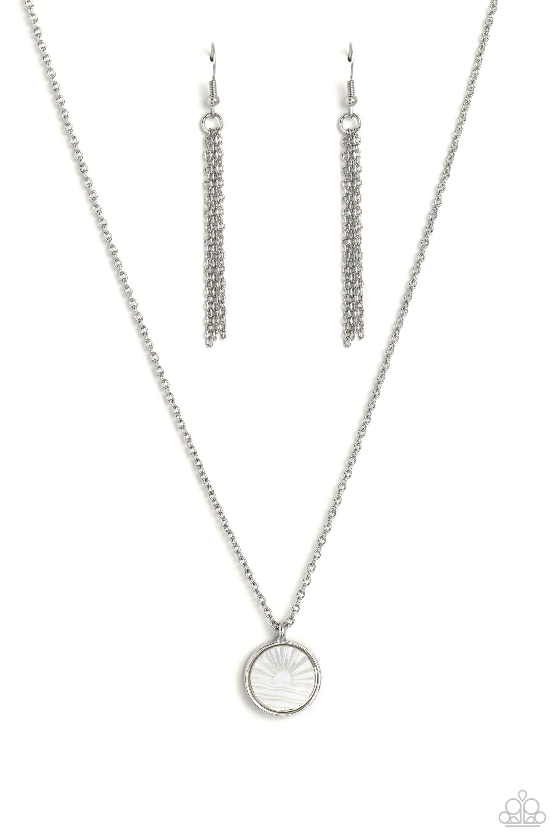 Paparazzi Accessories Seize the Sunset - White Encased in a sleek silver frame, a white, shell-like disc swings from the bottom of a dainty silver chain below the collar. Embossed onto the iridescent shell, a sun sets over the ocean waves for a beach-insp