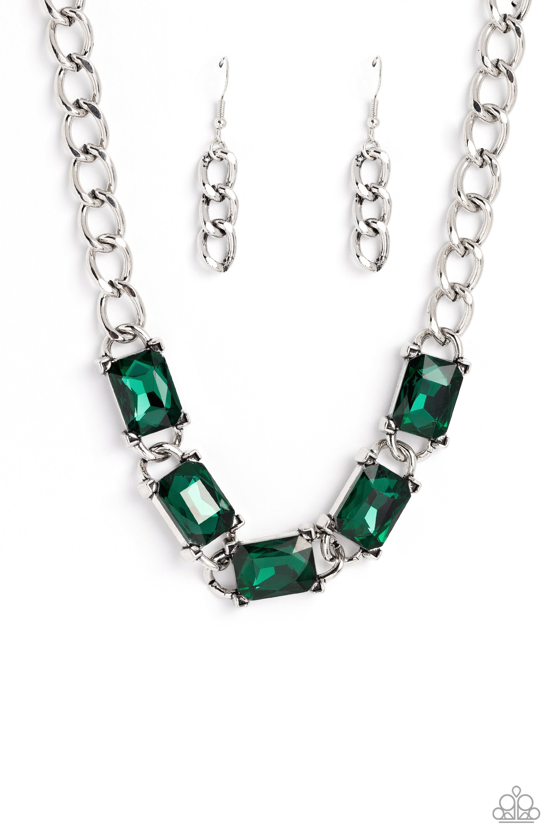 Paparazzi Accessories Radiating Review - Green A succession of gleaming, radiant-cut, emerald green gems encased in thick silver frames, coalesces around the neckline on a thick silver curb chain for an edgy statement. Features an adjustable clasp closure