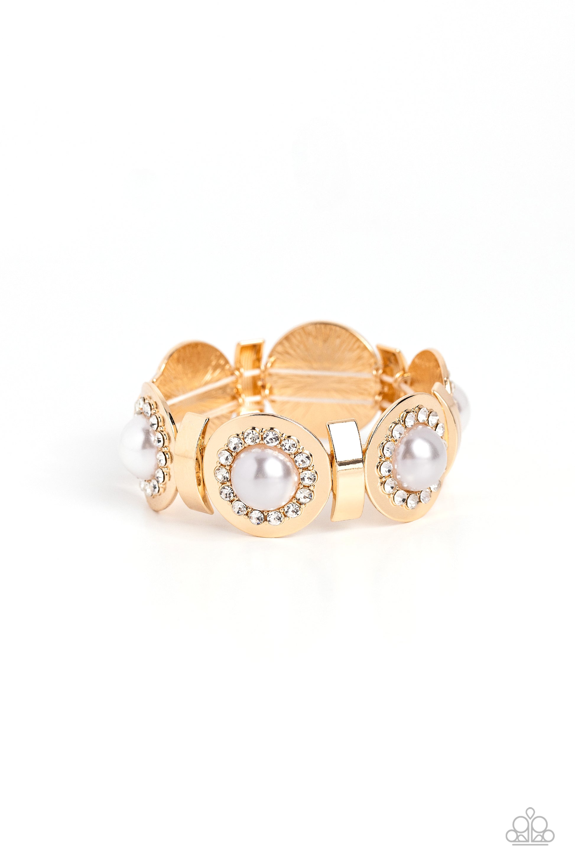 Paparazzi Accessories Summer Serenade - Gold Concaved gold frames, with an embossed row of white gems, encircle an oversized pearl center creating refined flowers. Sleek curls of gold alternate between the bejeweled flowers for additional shine and capric