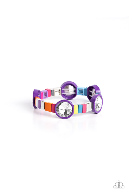 Paparazzi Accessories Multicolored Madness - Purple Strung along elastic stretchy bands, a bodacious collection of silver accents, and varying metallic accents dipped in colorful shades encircle the wrist. Sporadically infused between the colorful display