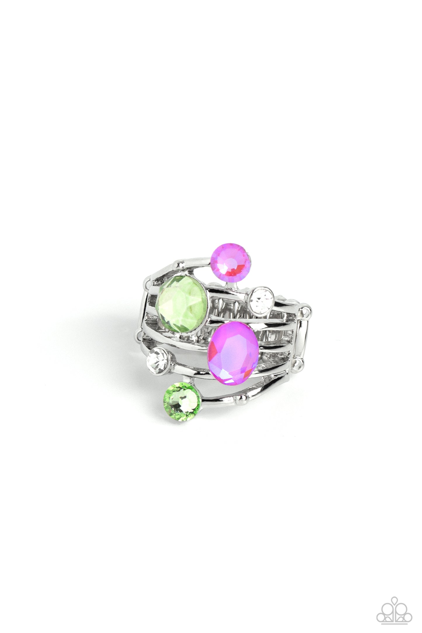 Paparazzi Accessories Timeless Trickle - Green Featuring a refined sheen, smooth silver bars arc across the finger, creating an airy band. Glittery green, pink, and white rhinestones of various sizes and shapes are sprinkled haphazardly across the glisten