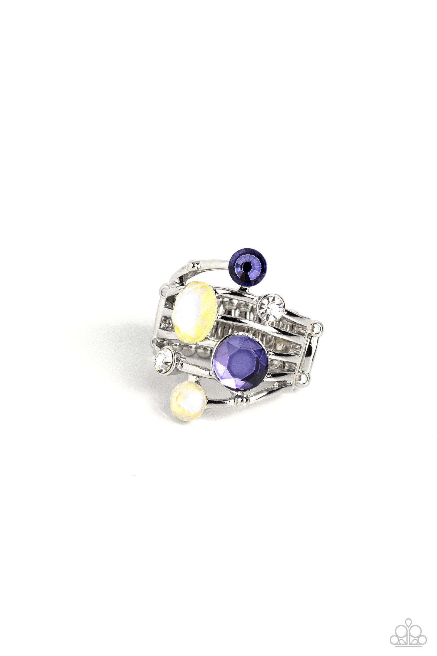 Paparazzi Accessories Timeless Trickle - Purple Featuring a refined sheen, smooth silver bars arc across the finger, creating an airy band. Glittery purple, yellow, and white rhinestones of various sizes and shapes are sprinkled haphazardly across the gli