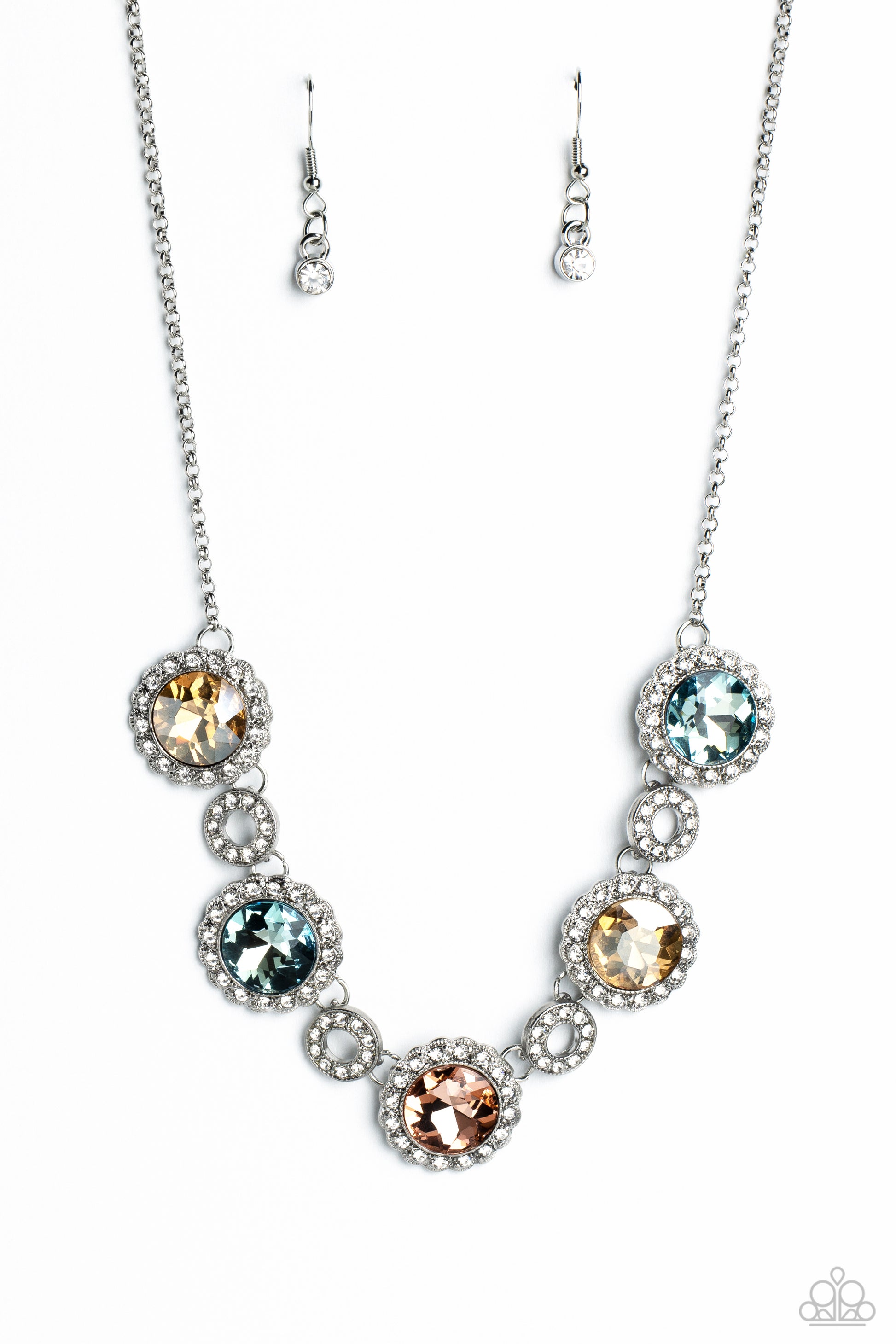 Paparazzi Accessories Gorgeous Gems - Multi Oversized, faceted blue, peach, and golden gems are encircled by a smoldering collection of dainty white glitz, creating a scalloped collection of stunning floral frames. Smaller, textured discs, embossed with d