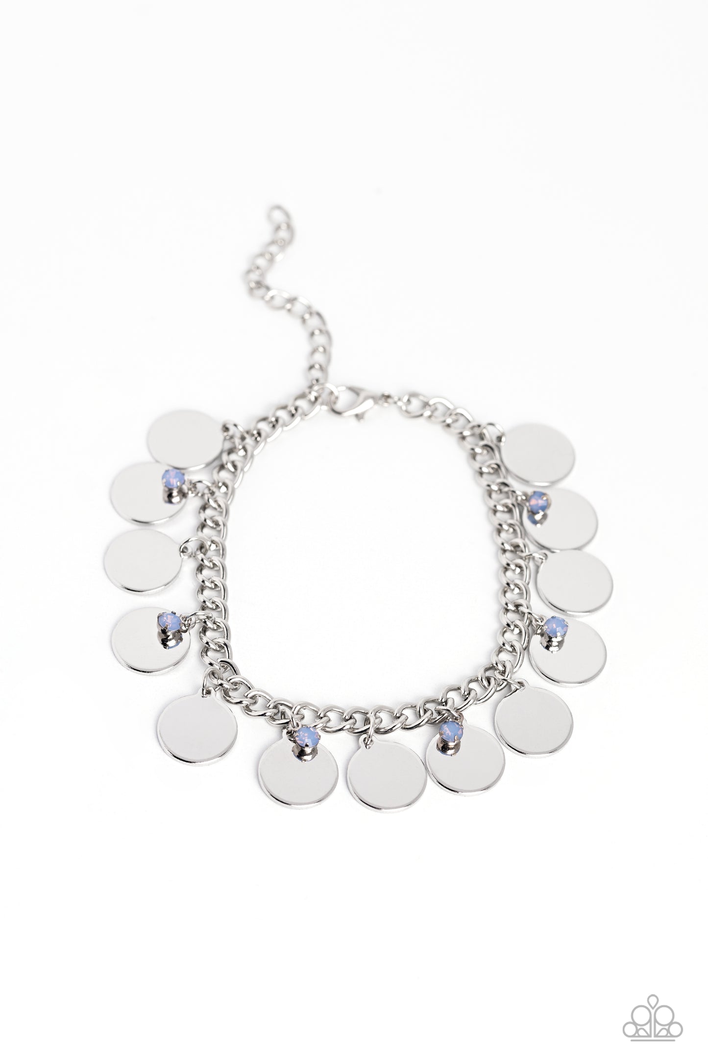 Paparazzi Accessories Dreamy Discs - Blue Dainty, opalescent blue beads dance along a silver chain alongside high-sheen silver discs for an understated girly design. Features an adjustable clasp closure. Sold as one individual bracelet. Get The Complete L