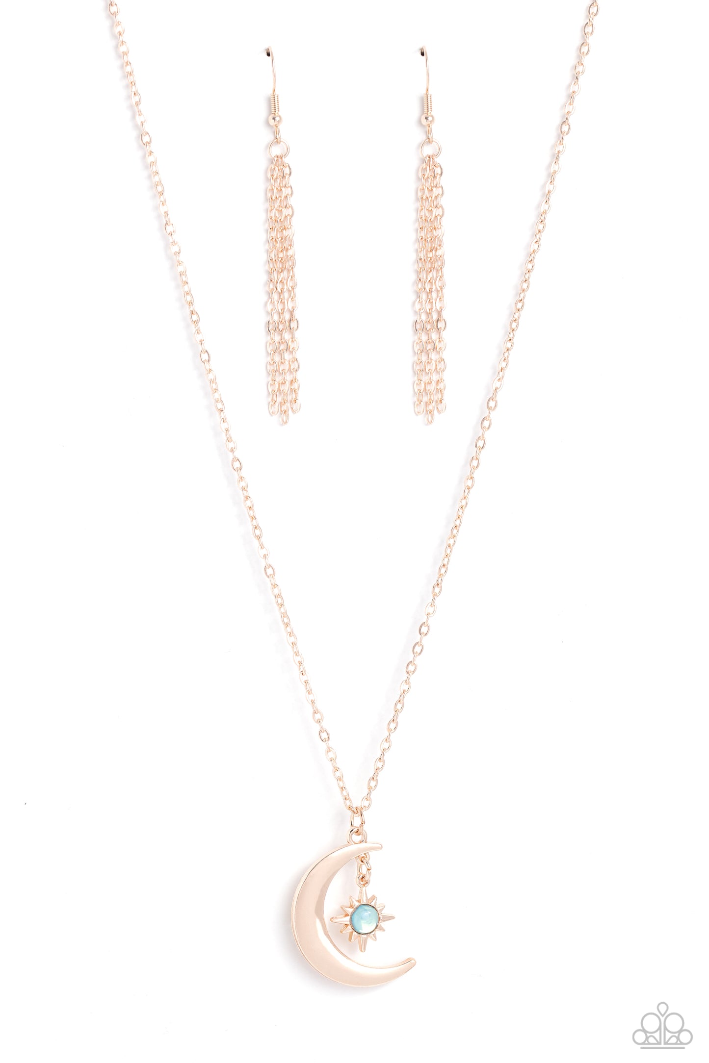 Paparazzi Accessories Stellar Sway - Rose Gold A glassy blue bead is pressed into the center of a three-dimensional rose gold star that dances from the top of a rose gold crescent moon pendant, creating a celestial pendant at the bottom of a dainty rose g