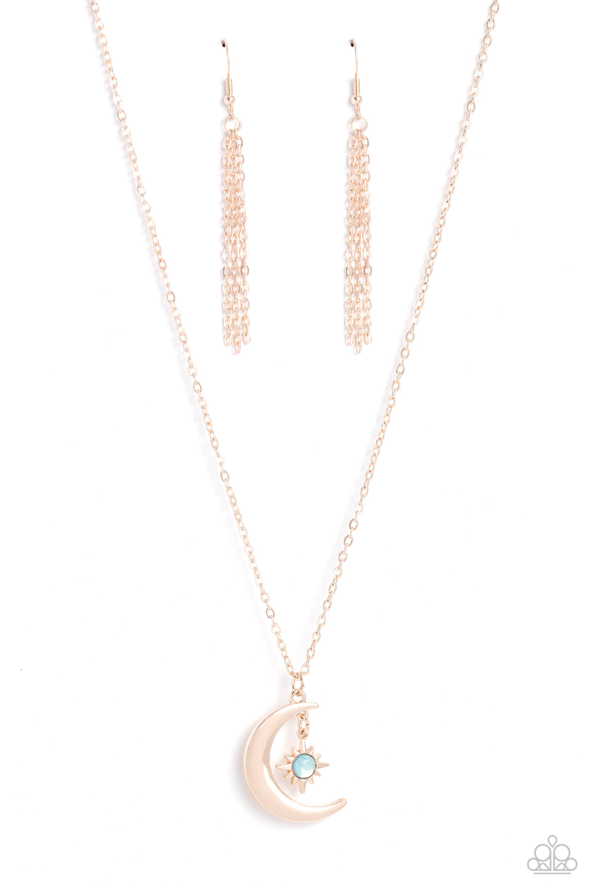 Paparazzi Accessories Stellar Sway - Rose Gold A glassy blue bead is pressed into the center of a three-dimensional rose gold star that dances from the top of a rose gold crescent moon pendant, creating a celestial pendant at the bottom of a dainty rose g
