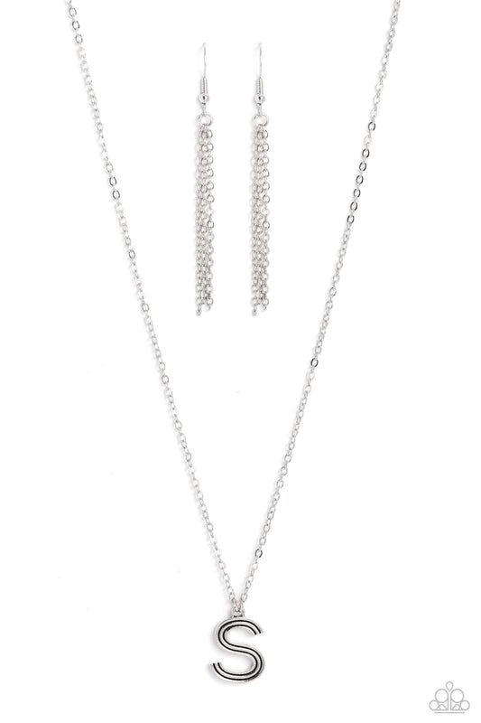 Paparazzi Accessories Leave Your Initials - Silver - S Etched in linear texture, a silver letter "S" hovers below the collar from a dainty silver chain, for a sentimentally simple design. Features an adjustable clasp closure. Sold as one individual neckla