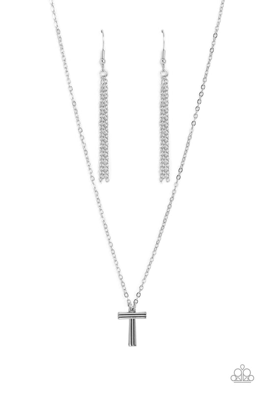 Paparazzi Accessories Leave Your Initials - Silver - T Etched in linear texture, a silver letter "T" hovers below the collar from a dainty silver chain, for a sentimentally simple design. Features an adjustable clasp closure. Sold as one individual neckla