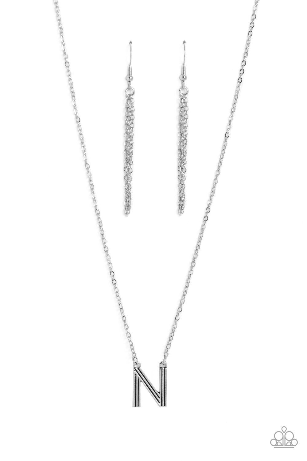 Paparazzi Accessories Leave Your Initials - Silver - N Etched in linear texture, a silver letter "N" hovers below the collar from a dainty silver chain, for a sentimentally simple design. Features an adjustable clasp closure. Sold as one individual neckla