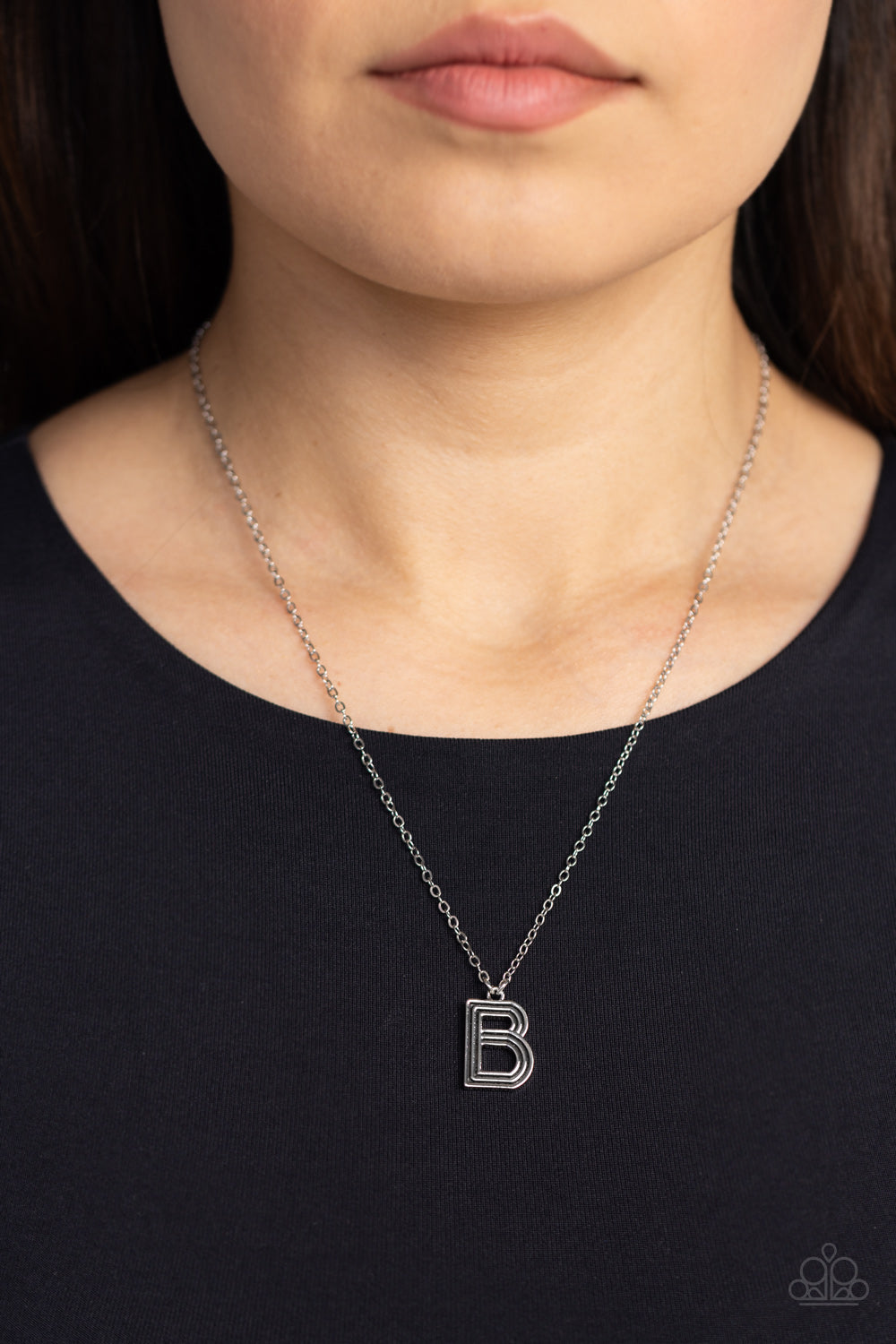 Paparazzi Accessories Leave Your Initials - Silver - B Etched in linear texture, a silver letter "B" hovers below the collar from a dainty silver chain, for a sentimentally simple design. Features an adjustable clasp closure. Sold as one individual neckla