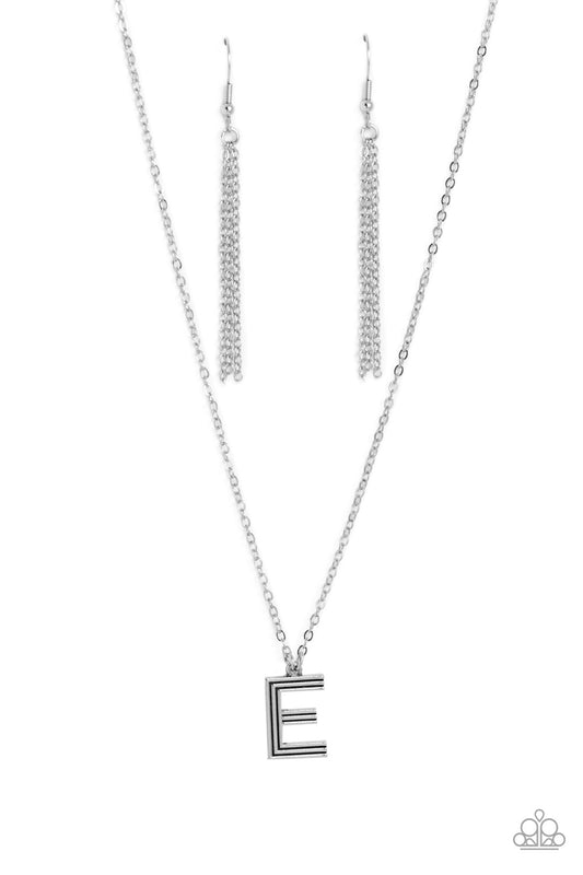 Paparazzi Accessories Leave Your Initials - Silver - E Etched in linear texture, a silver letter "E" hovers below the collar from a dainty silver chain, for a sentimentally simple design. Features an adjustable clasp closure. Sold as one individual neckla
