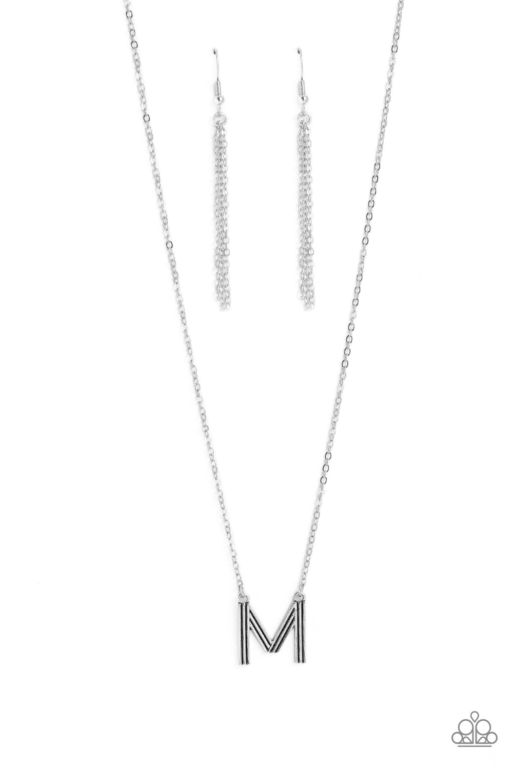 Paparazzi Accessories Leave Your Initials - Silver - M Etched in linear texture, a silver letter "M" hovers below the collar from a dainty silver chain, for a sentimentally simple design. Features an adjustable clasp closure. Sold as one individual neckla