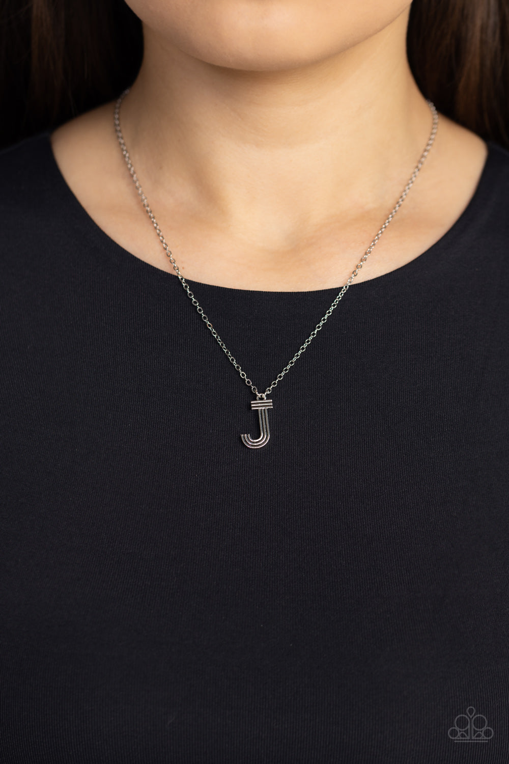 Paparazzi Accessories Leave Your Initials - Silver - J Etched in linear texture, a silver letter "J" hovers below the collar from a dainty silver chain, for a sentimentally simple design. Features an adjustable clasp closure. Sold as one individual neckla