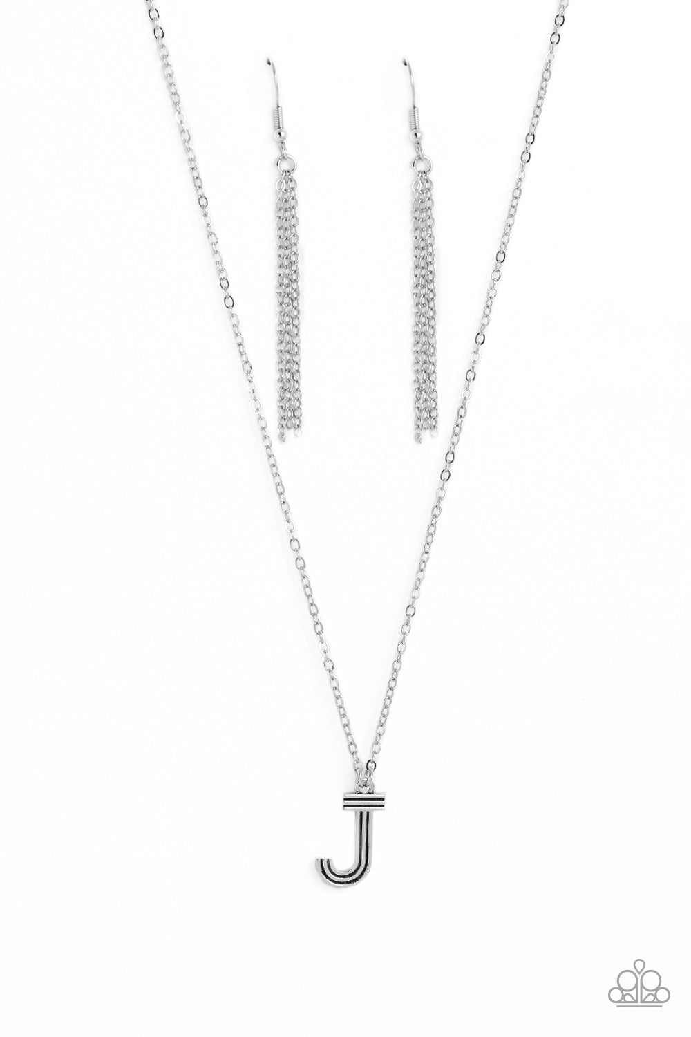 Paparazzi Accessories Leave Your Initials - Silver - J Etched in linear texture, a silver letter "J" hovers below the collar from a dainty silver chain, for a sentimentally simple design. Features an adjustable clasp closure. Sold as one individual neckla