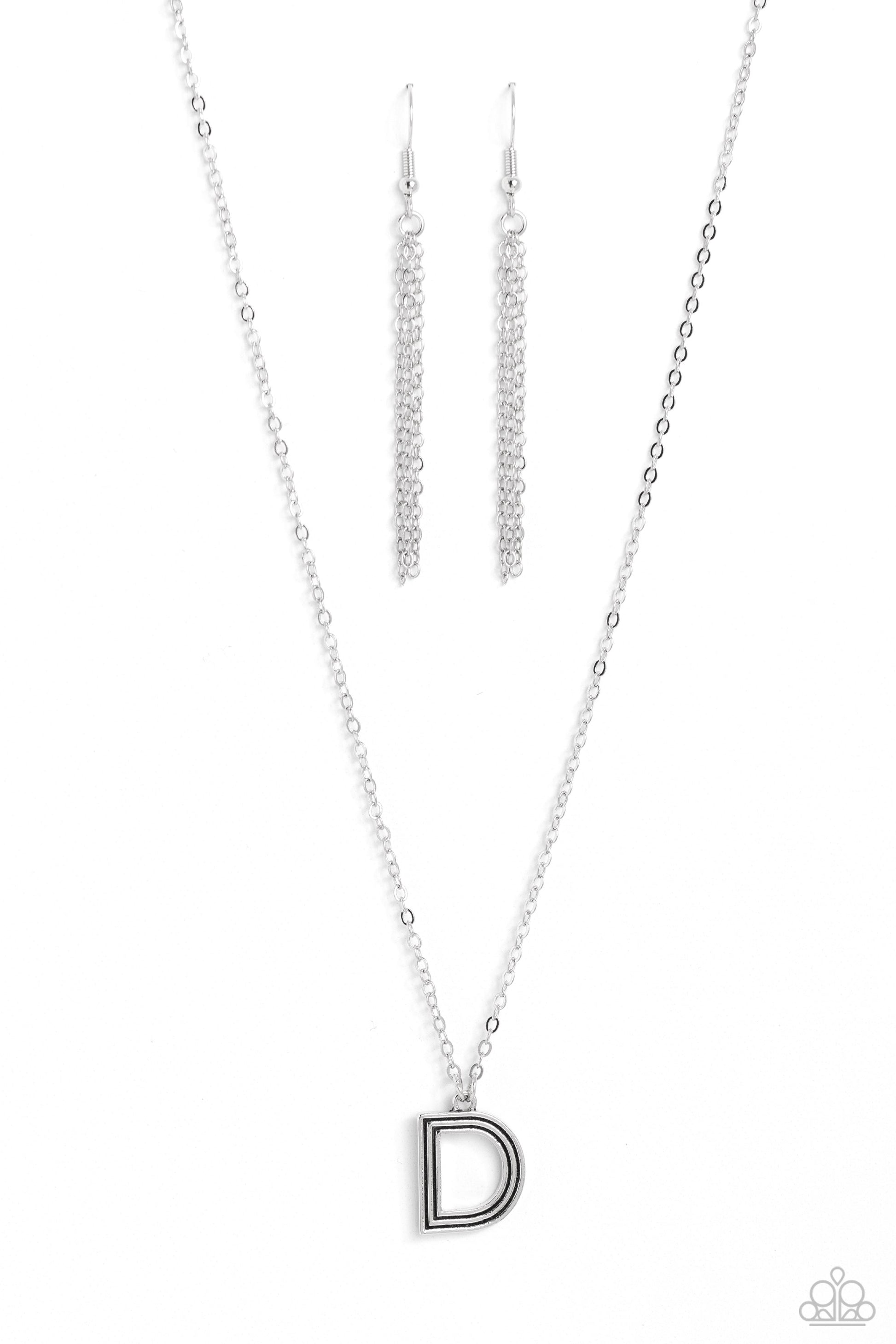 Paparazzi Accessories Leave Your Initials - Silver - D Etched in linear texture, a silver letter "D" hovers below the collar from a dainty silver chain, for a sentimentally simple design. Features an adjustable clasp closure. Sold as one individual neckla
