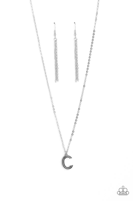 Paparazzi Accessories Leave Your Initials - Silver - C Etched in linear texture, a silver letter "C" hovers below the collar from a dainty silver chain, for a sentimentally simple design. Features an adjustable clasp closure. Sold as one individual neckla