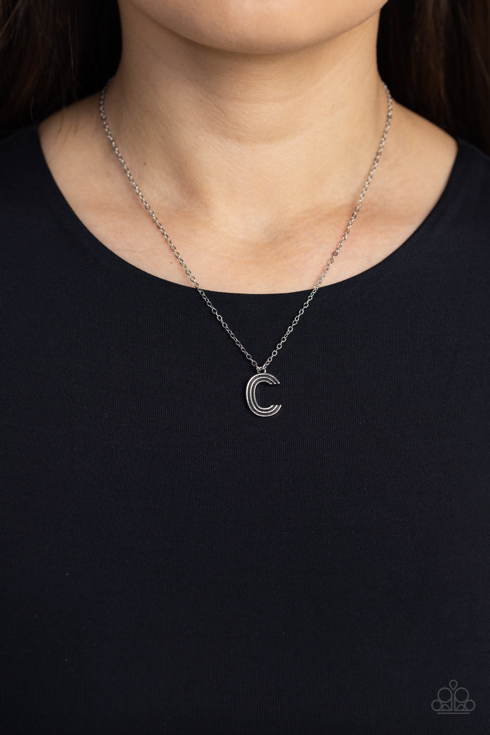 Paparazzi Accessories Leave Your Initials - Silver - C Etched in linear texture, a silver letter "C" hovers below the collar from a dainty silver chain, for a sentimentally simple design. Features an adjustable clasp closure. Sold as one individual neckla