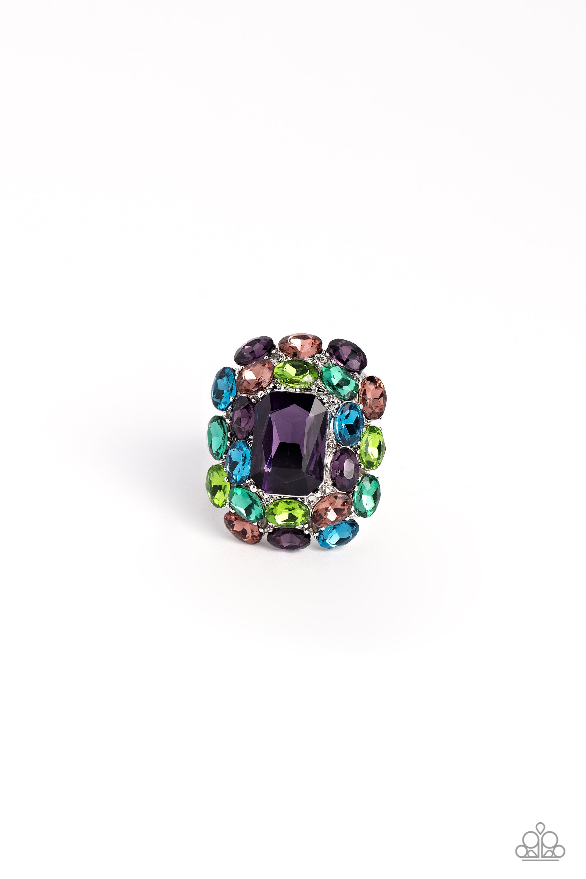 Paparazzi Accessories Perfectly Park Avenue - Purple A faceted radiant-cut purple gem is pressed into an elaborate silver frame filled with blinding oval-cut gems in varying shades and opacities of multicolored gems for a dynamically colorful statement at