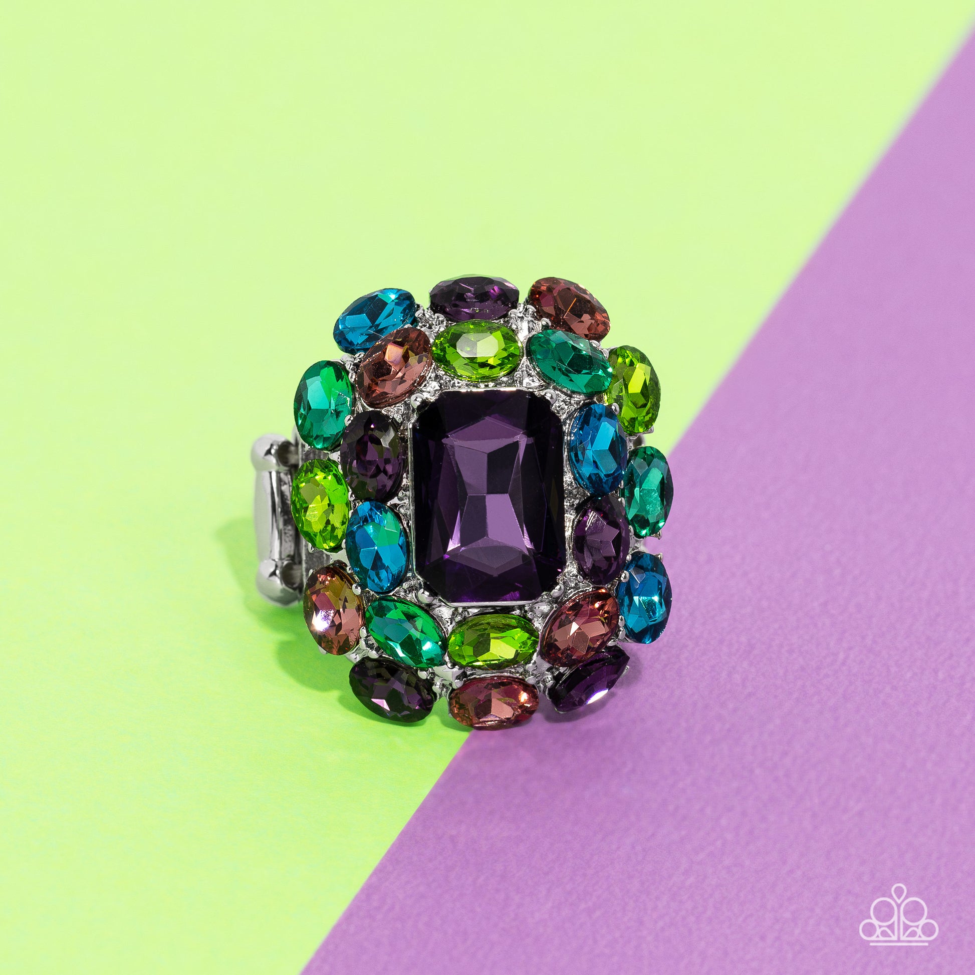Paparazzi Accessories Perfectly Park Avenue - Purple A faceted radiant-cut purple gem is pressed into an elaborate silver frame filled with blinding oval-cut gems in varying shades and opacities of multicolored gems for a dynamically colorful statement at