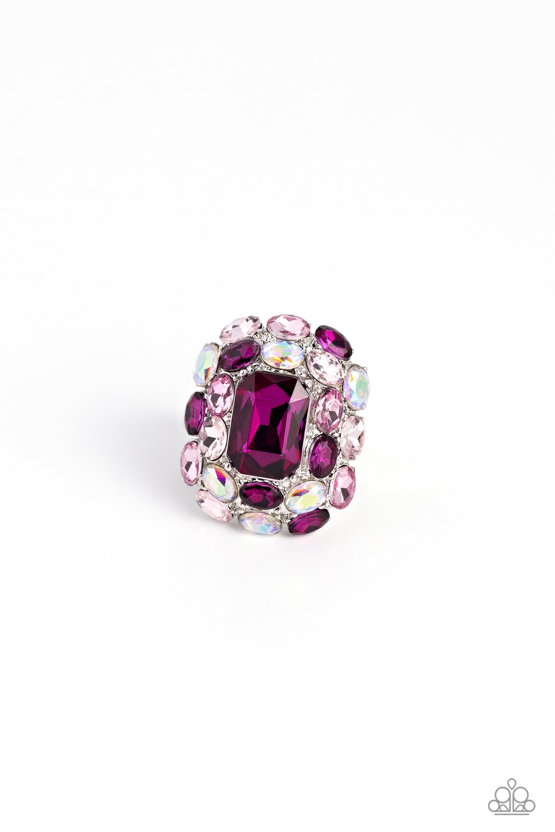 Paparazzi Accessories Perfectly Park Avenue - Pink A faceted radiant-cut fuchsia gem is pressed into an elaborate silver frame filled with blinding oval-cut gems in varying shades and opacities of pink gems for a dynamically colorful statement atop the fi