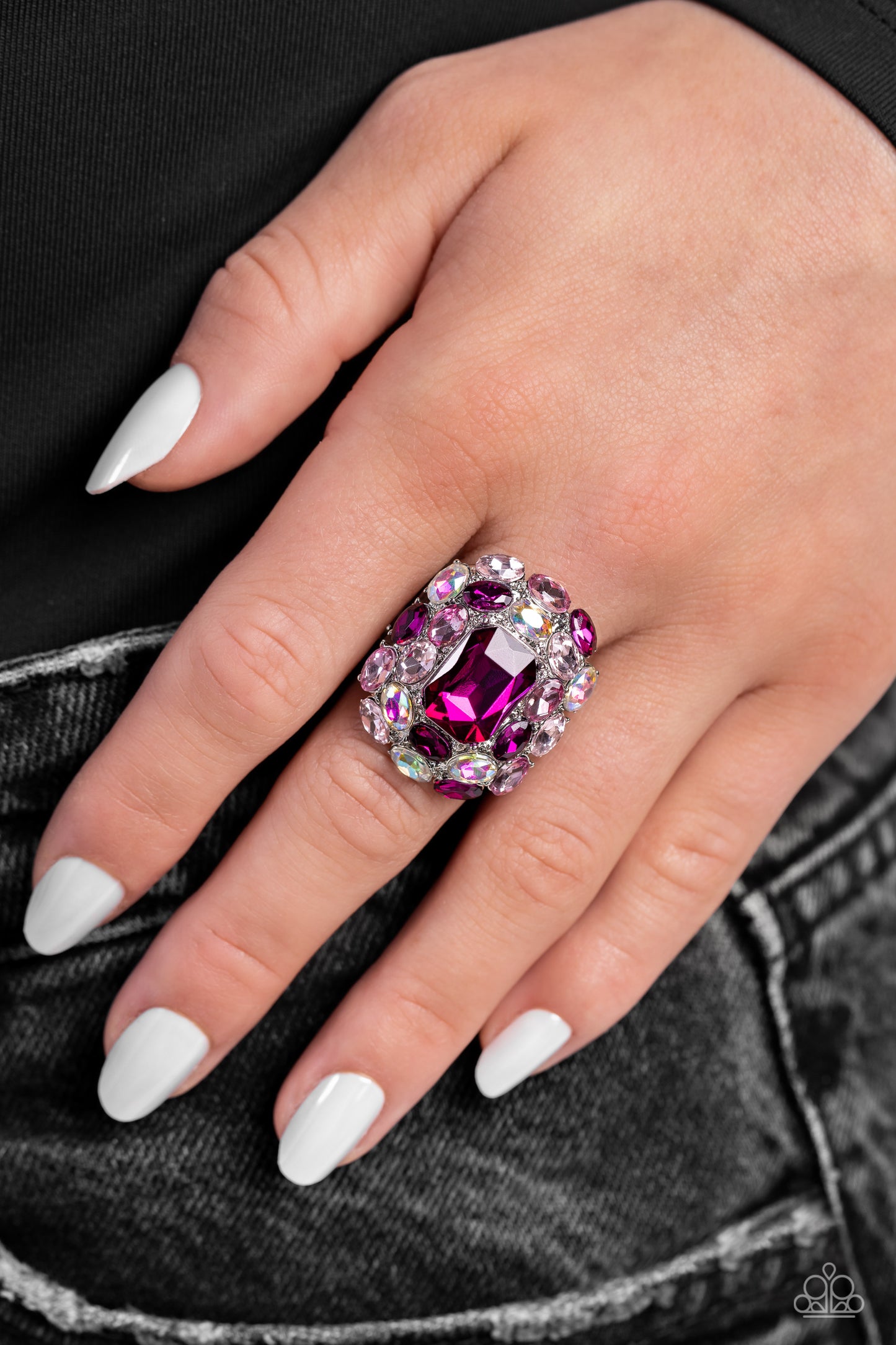 Paparazzi Accessories Perfectly Park Avenue - Pink A faceted radiant-cut fuchsia gem is pressed into an elaborate silver frame filled with blinding oval-cut gems in varying shades and opacities of pink gems for a dynamically colorful statement atop the fi