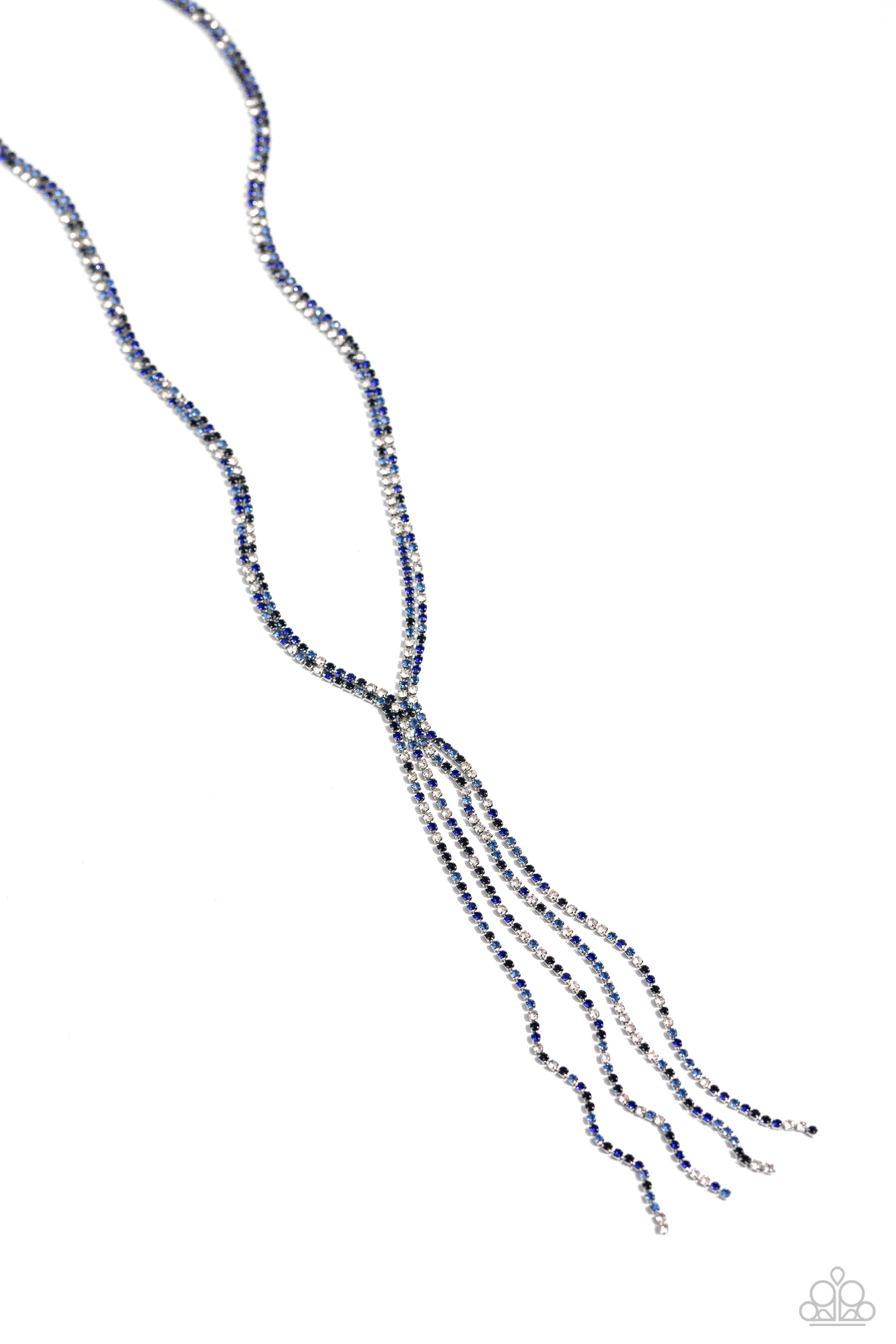 Paparazzi Accessories Jazz STRANDS - Blue Featuring sleek square fittings, two strands of glittery, dainty multicolored blue rhinestones connect down the chest for a refined centerpiece. The interconnected rows delicately give way to freefalling multicolo