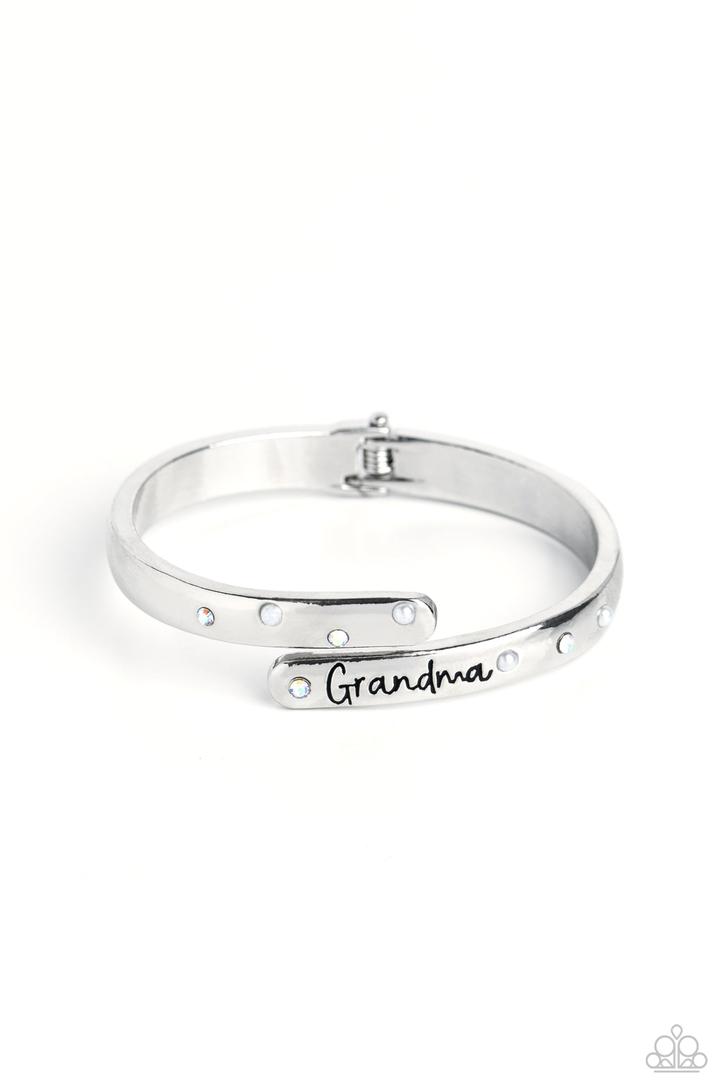 Paparazzi Accessories Gorgeous Grandma - White High-sheen silver curves into a hinged closure around the wrist. Featured on the upper curve, dainty pearls and iridescent rhinestones alternate in a zig-zag pattern for a refined shimmer. The lower curve of