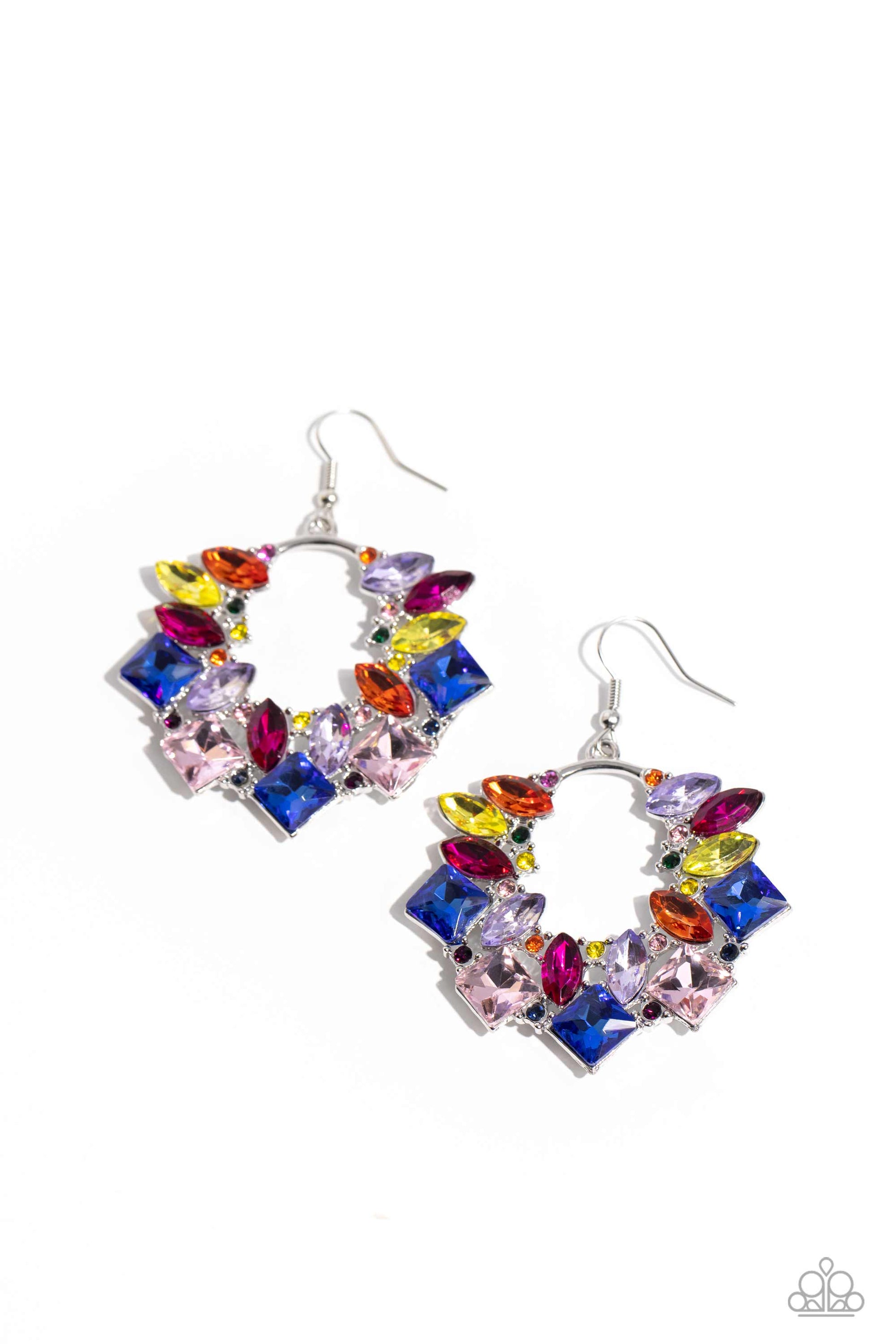 Paparazzi Accessories Wreathed in Watercolors - Multi A glassy collection of various multicolored rhinestones explodes across the front of a silver wreath, resulting in a geometric, jaw-dropping dazzle. Earring attaches to a standard fishhook fitting. Sol