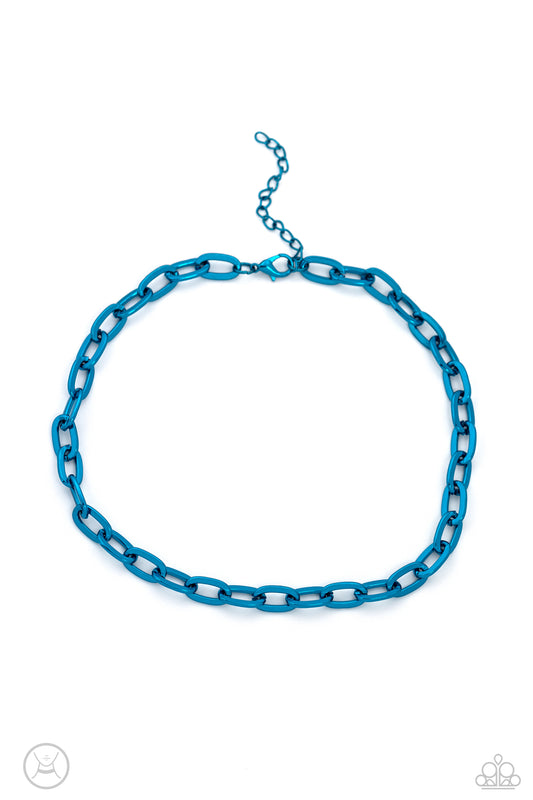 Paparazzi Accessories Exuberant Encore - Blue Oversized electric blue links connect below the collar for a bold urban look. Features an adjustable clasp closure. Sold as one individual choker necklace. Includes one pair of matching earrings. Get The Compl