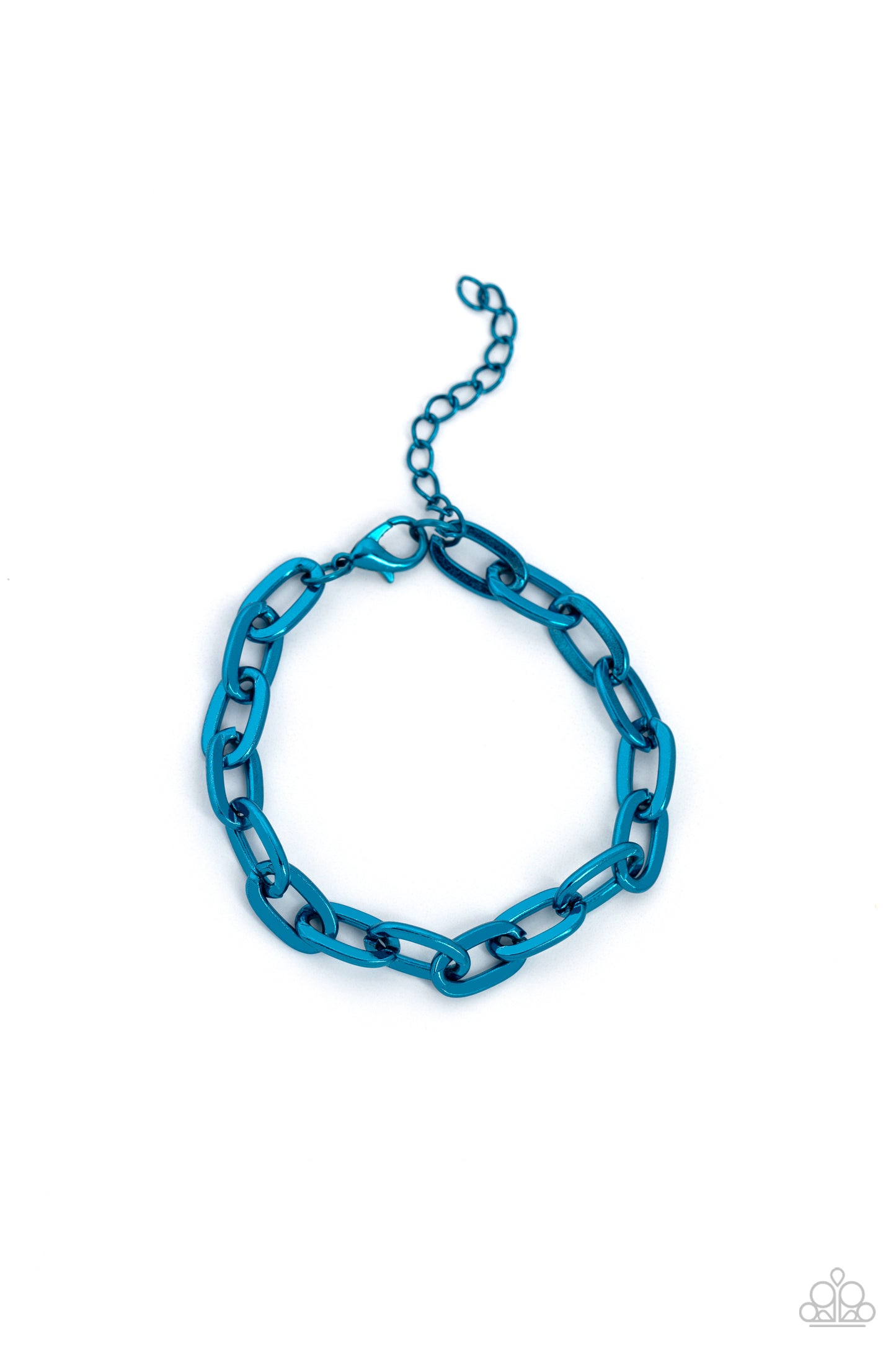 Paparazzi Accessories Energetic Encore - Blue Oversized electric blue links connect around the wrist for a bold urban look. Features an adjustable clasp closure. Sold as one individual bracelet. Get The Complete Look! Necklace: "Exuberant Encore - Blue" (