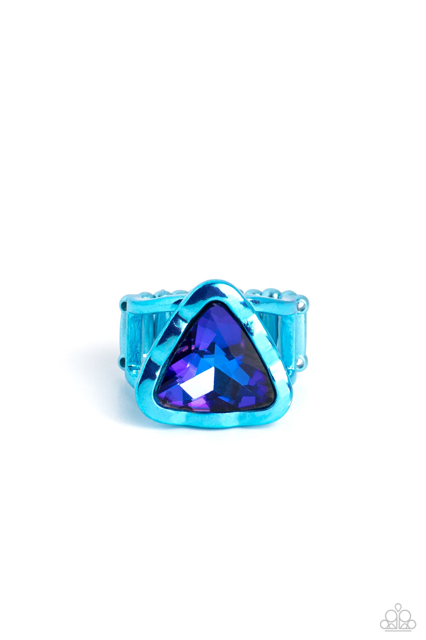 Paparazzi Accessories Triangle Tyrant - Blue Featuring a UV shimmer, a blue triangle-cut gem is pressed into a scalloped triangular electric blue frame set atop a thin, airy band for a colorfully gritty look. Features a stretchy band for a flexible fit. S