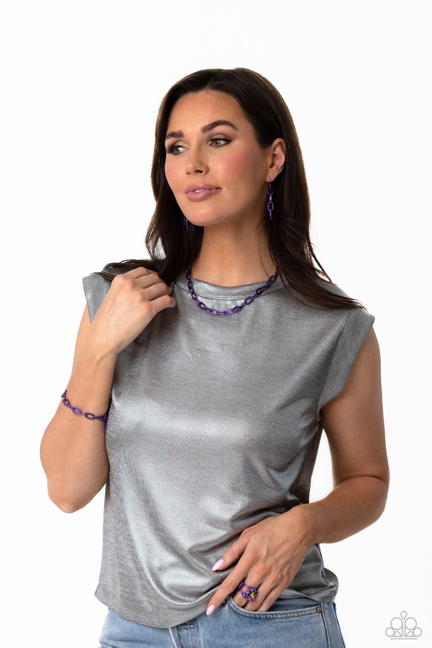 Paparazzi Accessories Exuberant Encore - Purple Oversized electric purple links connect below the collar for a bold urban look. Features an adjustable clasp closure. Sold as one individual choker necklace. Includes one pair of matching earrings. Get The C
