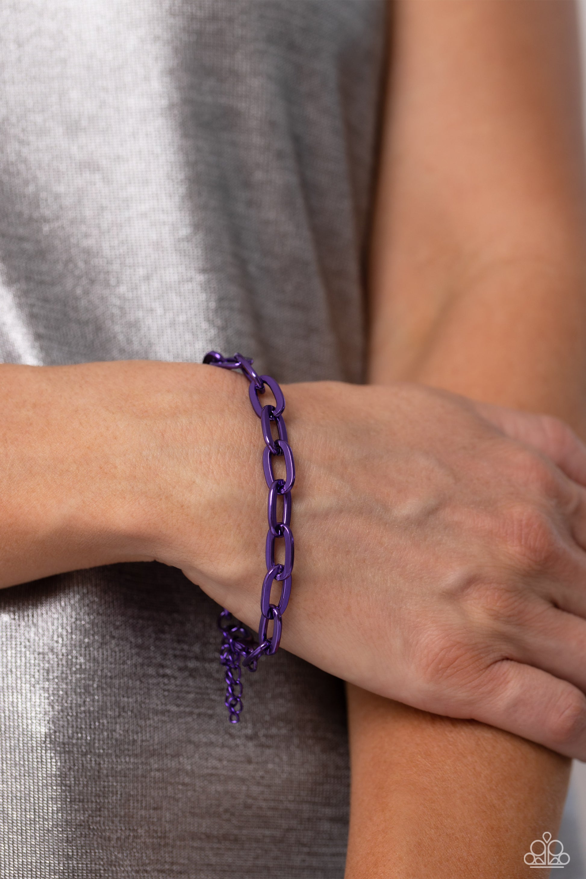 Paparazzi Accessories Energetic Encore - Purple Oversized electric purple links connect around the wrist for a bold urban look. Features an adjustable clasp closure. Sold as one individual bracelet. Get The Complete Look! Necklace: "Exuberant Encore - Pur