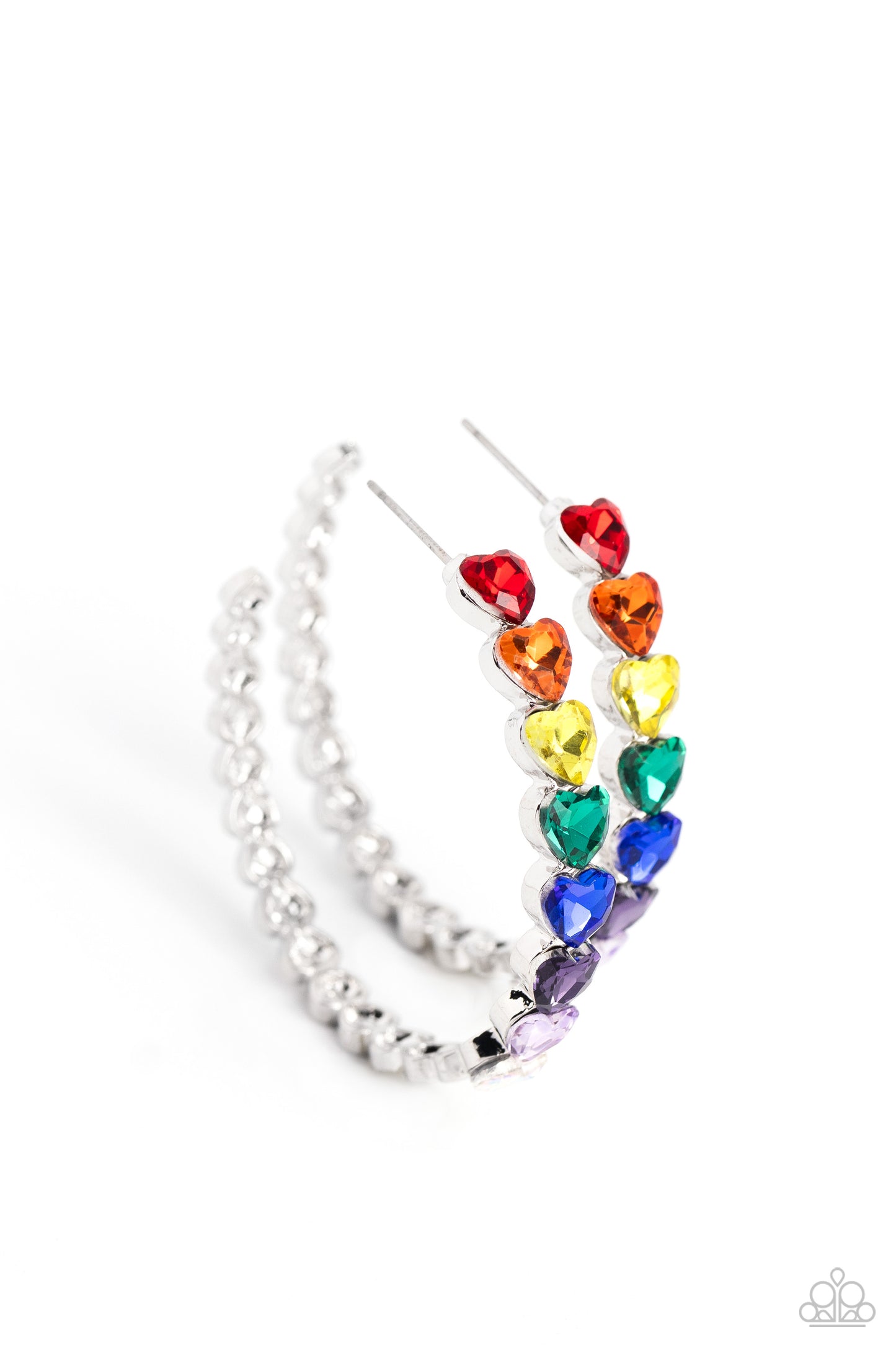 Paparazzi Accessories Hypnotic Heart Attack - Multi 2 Featuring a scalloped heart frame, glittery heart rhinestones in colorful shades and iridescence slowly decrease in size as they curve down the ear to meet dainty silver hearts for a romantic statement