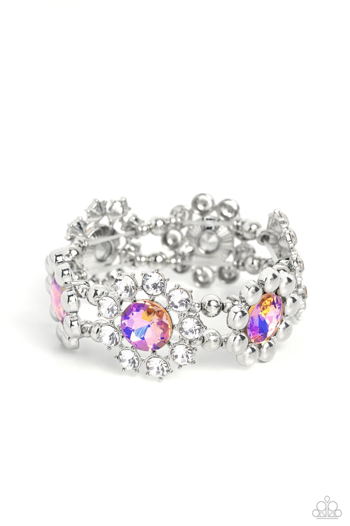 Paparazzi Accessories Pact of Petals - Orange Scattering around faceted peach rhinestones, pronged white-gem petals and faceted silver beaded petals alternate along stretchy bands resulting in regally refined floral frames that wrap around the wrist. Sold