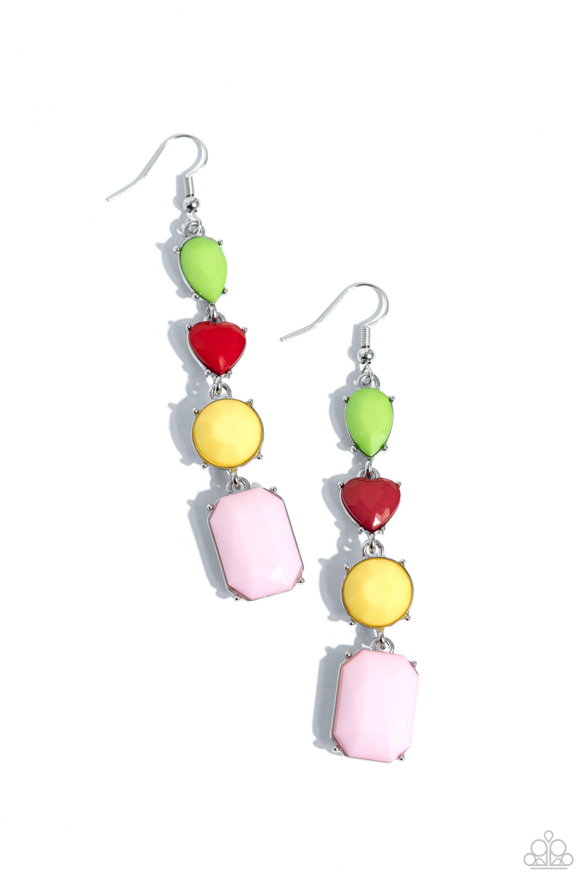 Paparazzi Accessories Aesthetic Assortment - Red Varying in shape, glistening faceted baby pink, Primrose, red, and green beads are encased in studded silver frames as they delicately link into a colorful lure. Earring attaches to a standard fishhook fitt