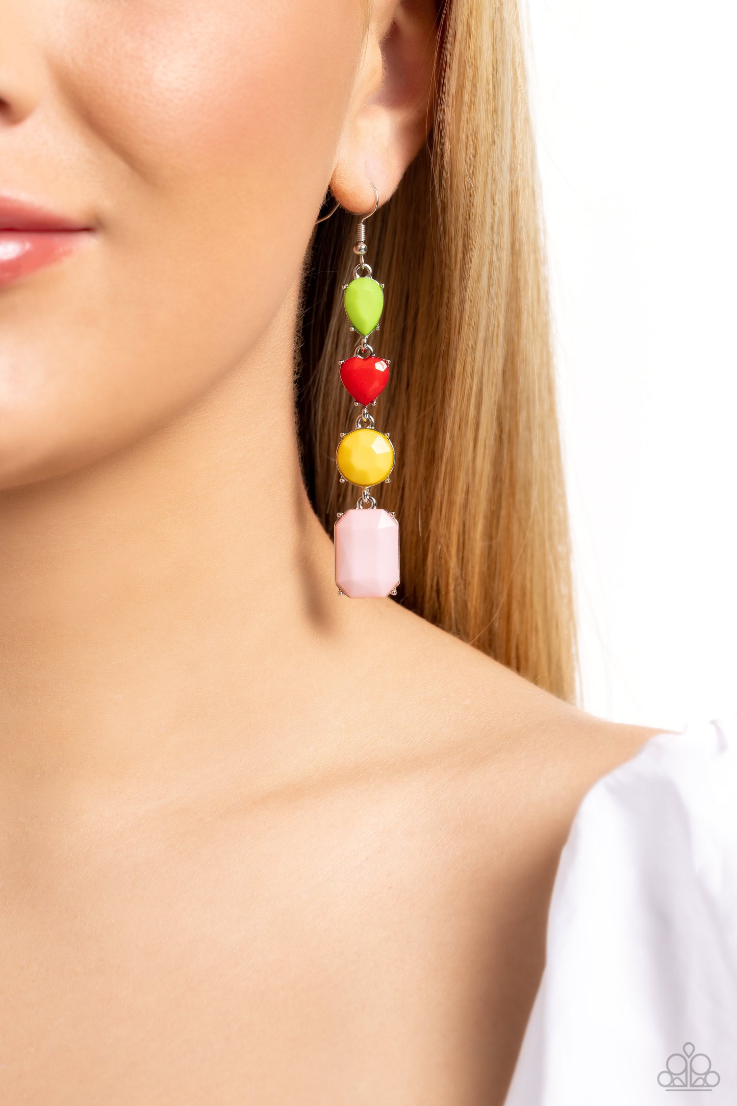 Paparazzi Accessories Aesthetic Assortment - Red Varying in shape, glistening faceted baby pink, Primrose, red, and green beads are encased in studded silver frames as they delicately link into a colorful lure. Earring attaches to a standard fishhook fitt