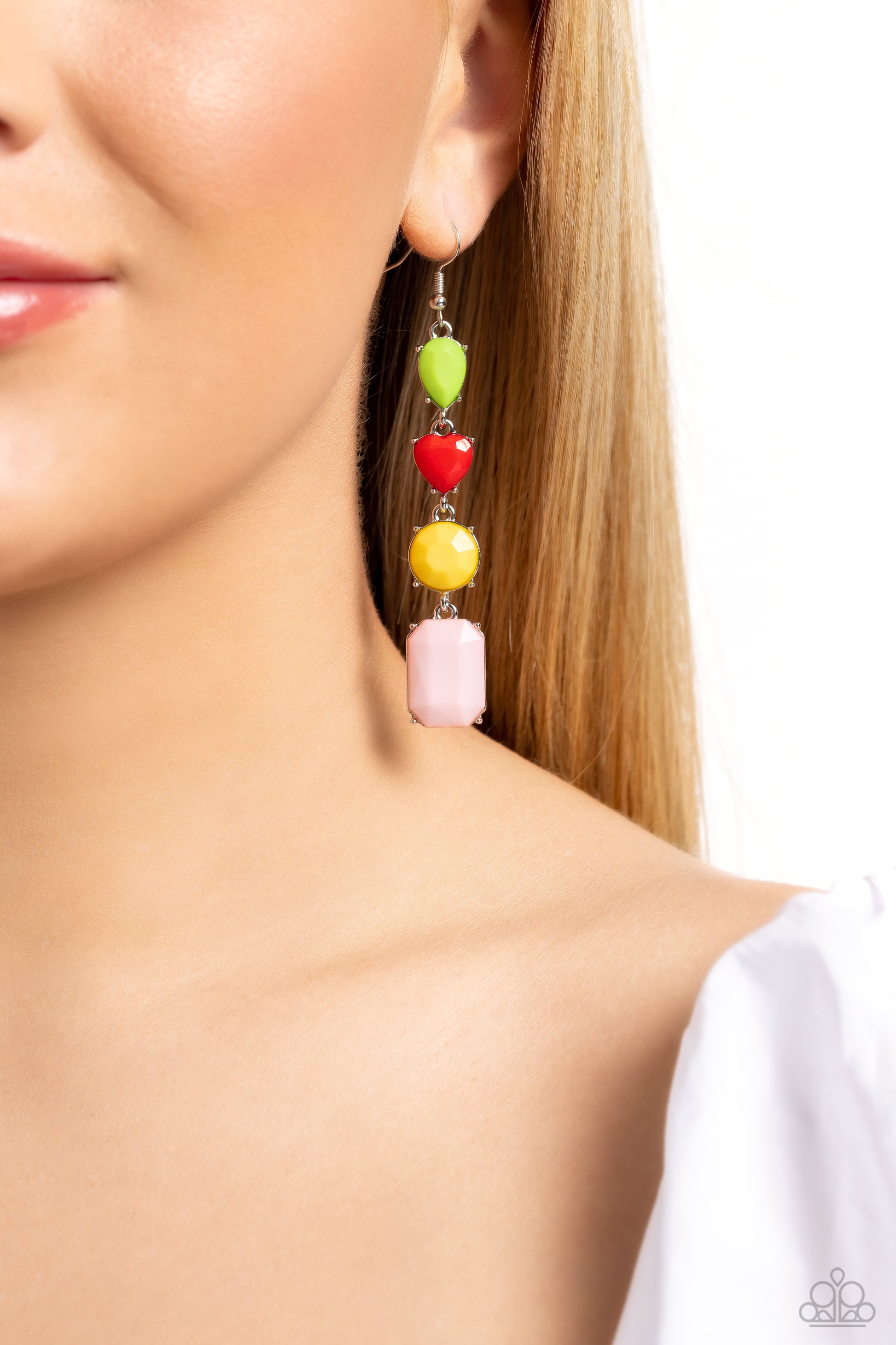 Paparazzi Accessories Aesthetic Assortment - Red Varying in shape, glistening faceted baby pink, Primrose, red, and green beads are encased in studded silver frames as they delicately link into a colorful lure. Earring attaches to a standard fishhook fitt