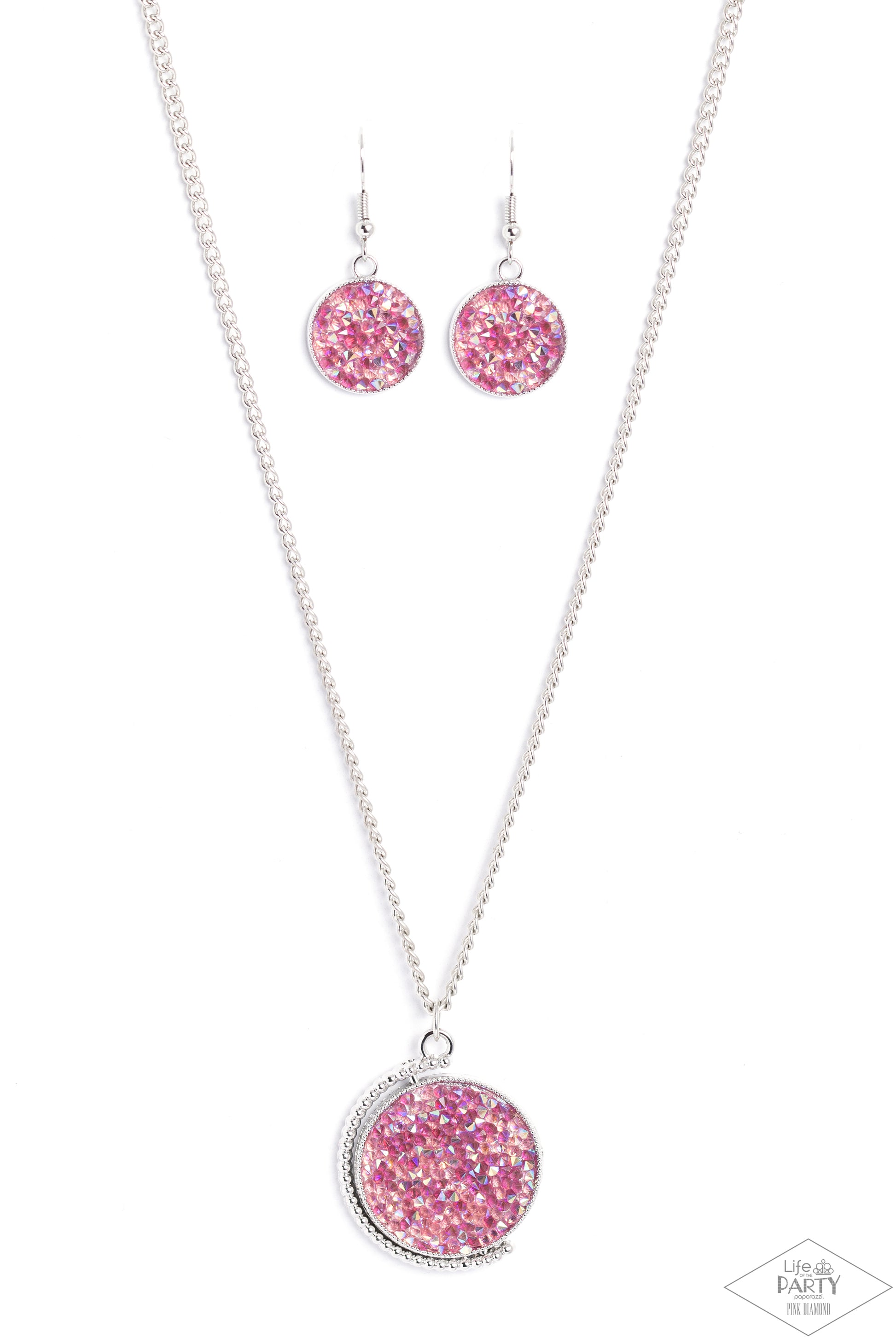 Paparazzi Accessories My Moon and Stars - Multi A smoldering collision of blue iridescent and pink iridescent rhinestones are encrusted across the front and back of a textured silver disc below the collar. Threaded along a dainty rod, the glittery pendant