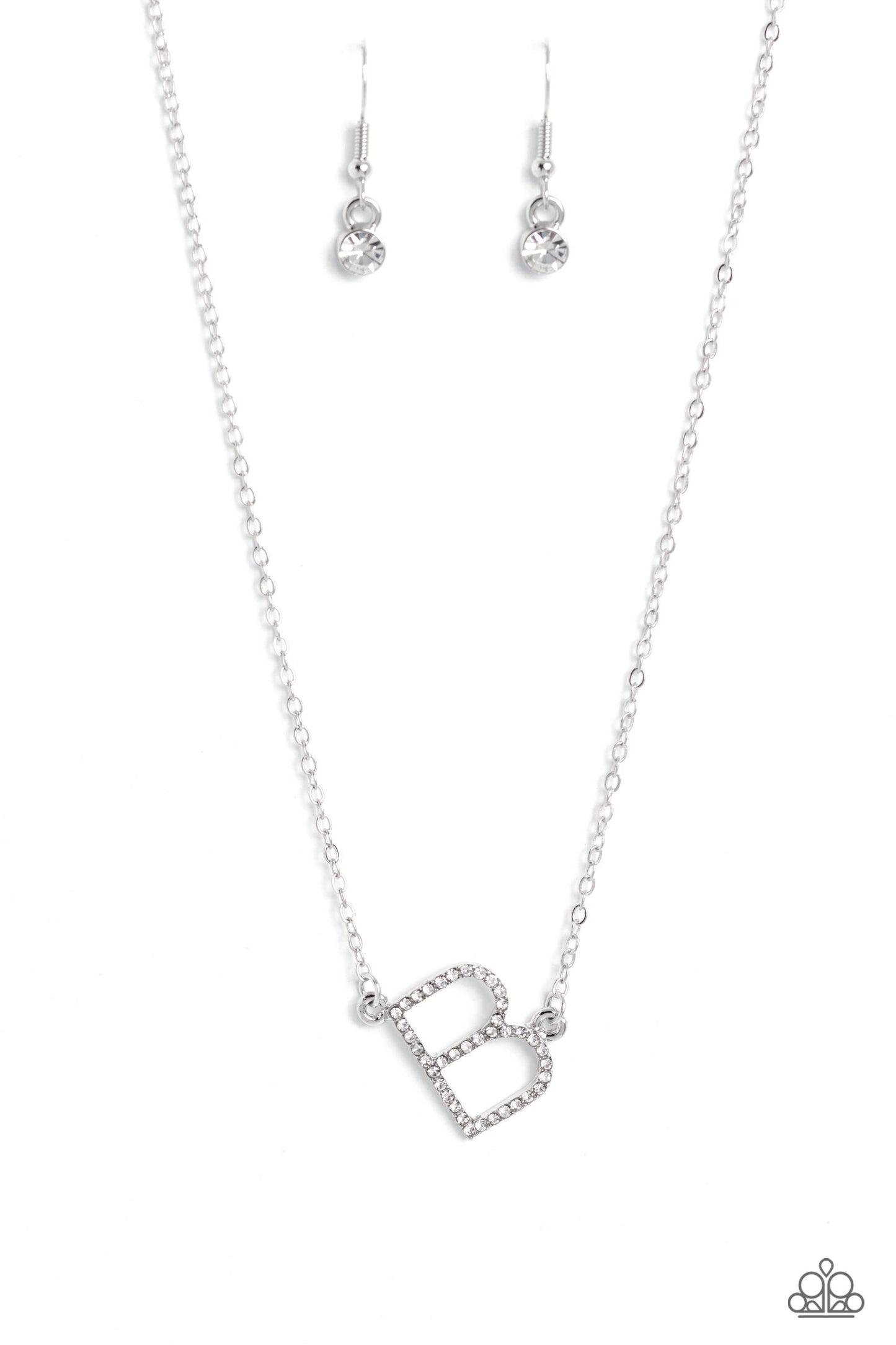 Paparazzi Accessories INITIALLY Yours - B - White Embossed with dainty white rhinestones, a silver letter "B" hovers below the collar from a dainty silver chain, for a sentimentally simple design. Features an adjustable clasp closure. Sold as one individu