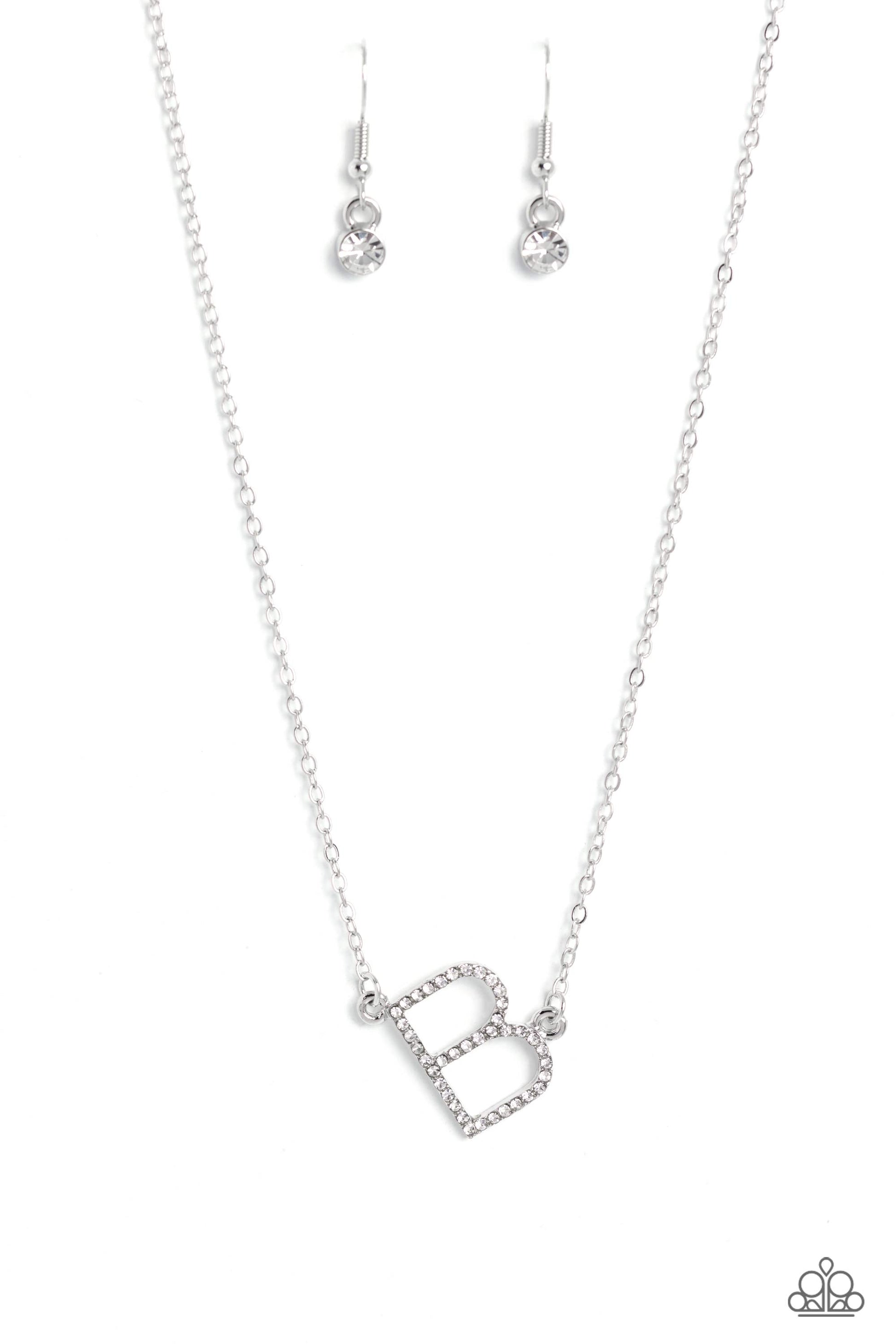 Paparazzi Accessories INITIALLY Yours - B - White Embossed with dainty white rhinestones, a silver letter "B" hovers below the collar from a dainty silver chain, for a sentimentally simple design. Features an adjustable clasp closure. Sold as one individu