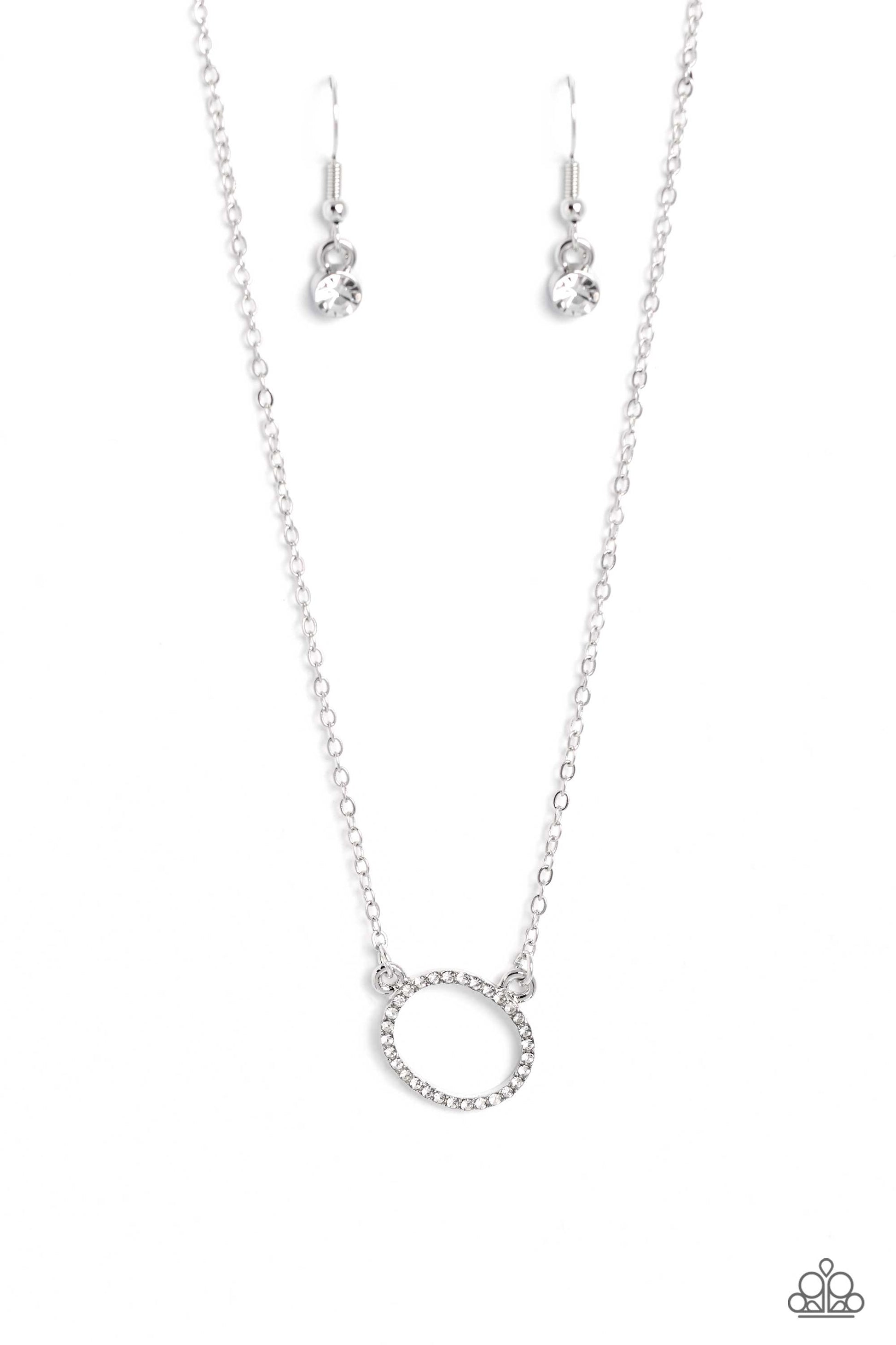 Paparazzi Accessories INITIALLY Yours - O - White Embossed with dainty white rhinestones, a silver letter "O" hovers below the collar from a dainty silver chain, for a sentimentally simple design. Features an adjustable clasp closure. Sold as one individu