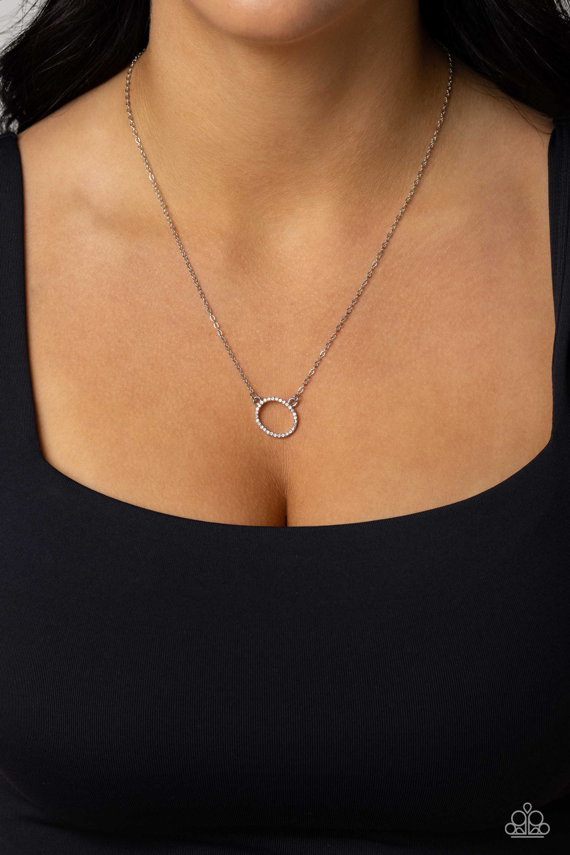 Paparazzi Accessories INITIALLY Yours - O - White Embossed with dainty white rhinestones, a silver letter "O" hovers below the collar from a dainty silver chain, for a sentimentally simple design. Features an adjustable clasp closure. Sold as one individu