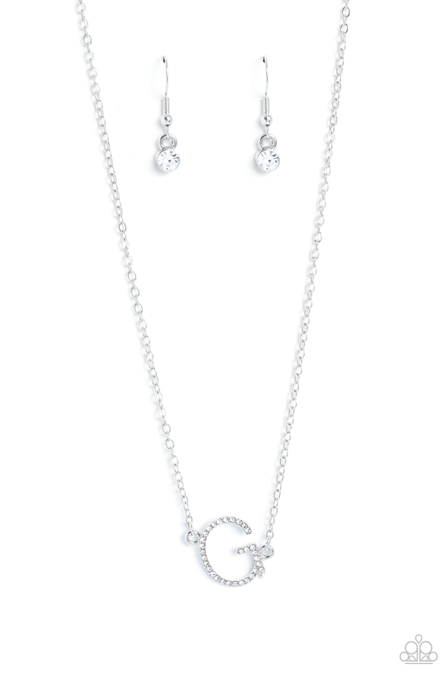 Paparazzi Accessories INITIALLY Yours - G - White Embossed with dainty white rhinestones, a silver letter "G" hovers below the collar from a dainty silver chain, for a sentimentally simple design. Features an adjustable clasp closure. Sold as one individu