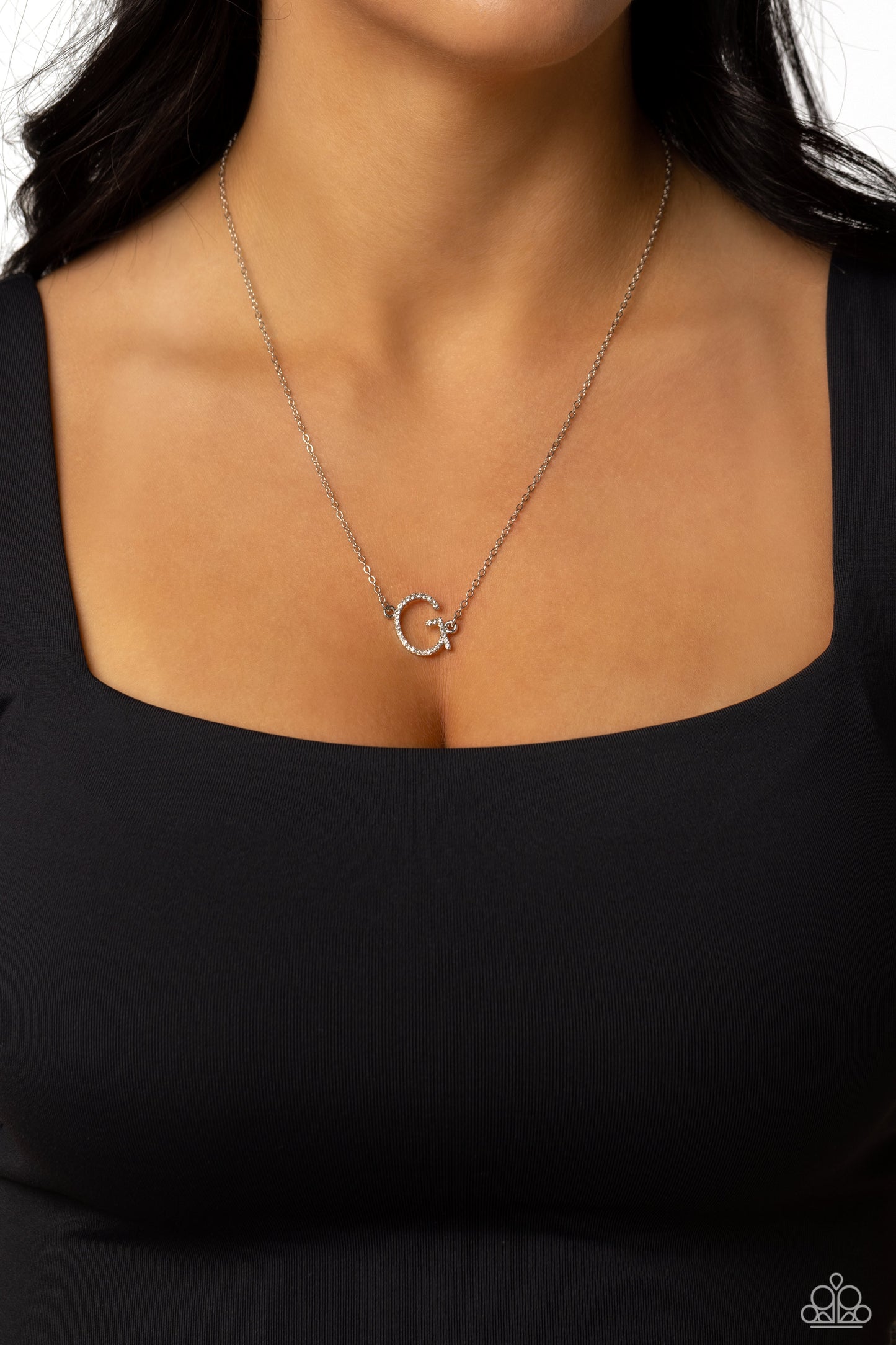 Paparazzi Accessories INITIALLY Yours - G - White Embossed with dainty white rhinestones, a silver letter "G" hovers below the collar from a dainty silver chain, for a sentimentally simple design. Features an adjustable clasp closure. Sold as one individu