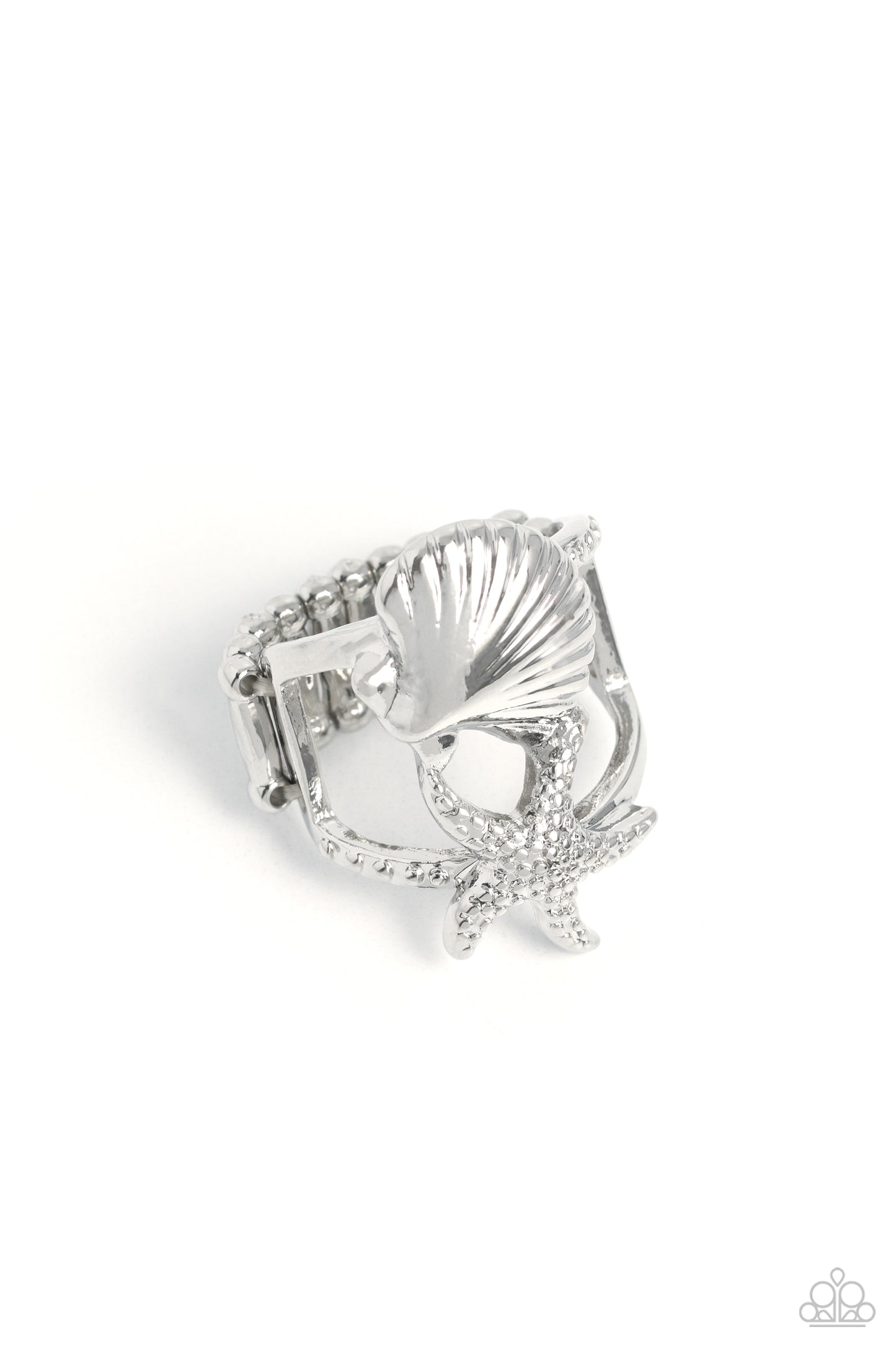 Paparazzi Accessories Seashell Showcase - Silver Featuring a layered design, a textured silver seashell crowns the uppermost band of an airy centerpiece, while a studded silver starfish is encrusted along the lowermost band for a beachy look. Features a s