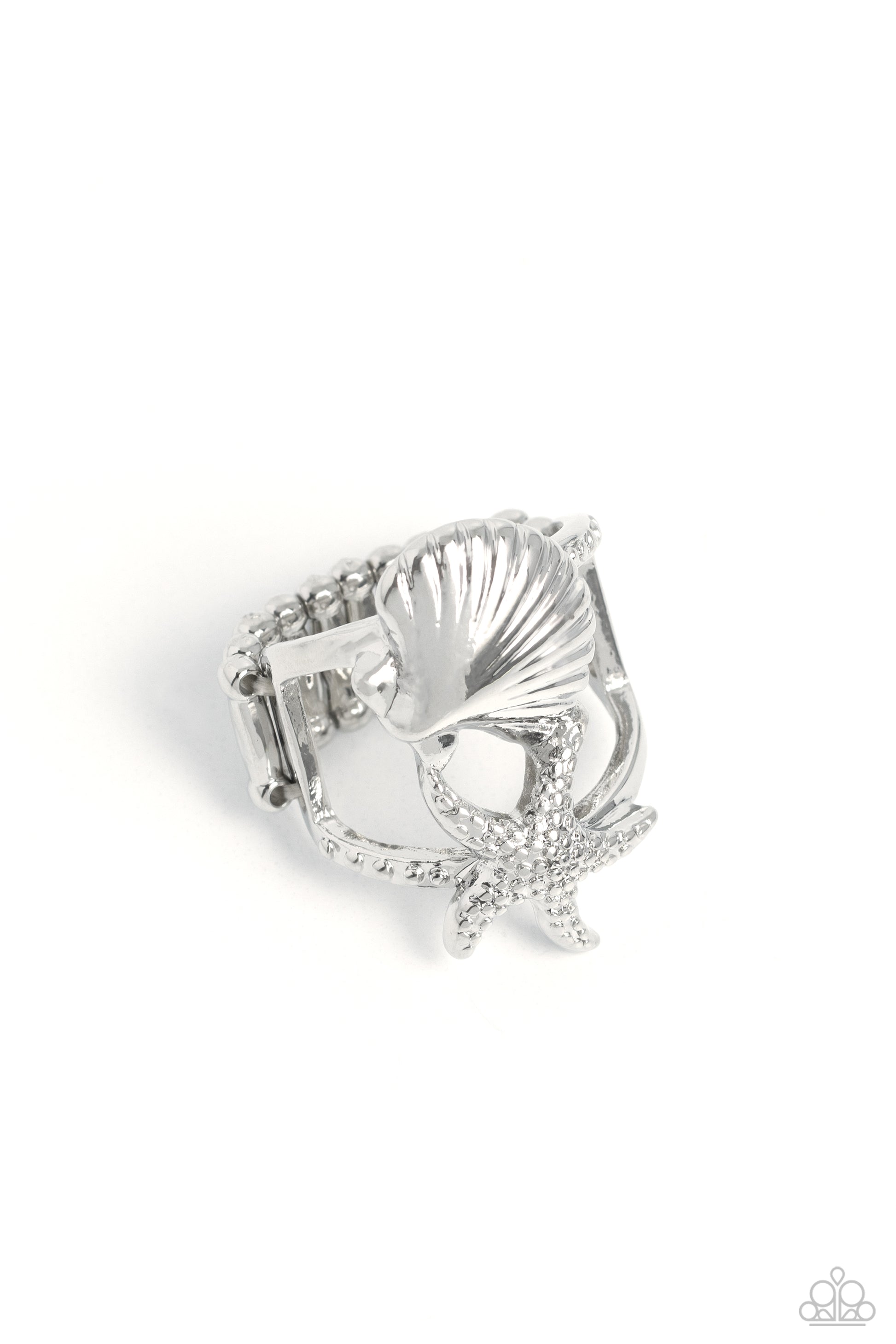 Paparazzi Accessories Seashell Showcase - Silver Featuring a layered design, a textured silver seashell crowns the uppermost band of an airy centerpiece, while a studded silver starfish is encrusted along the lowermost band for a beachy look. Features a s